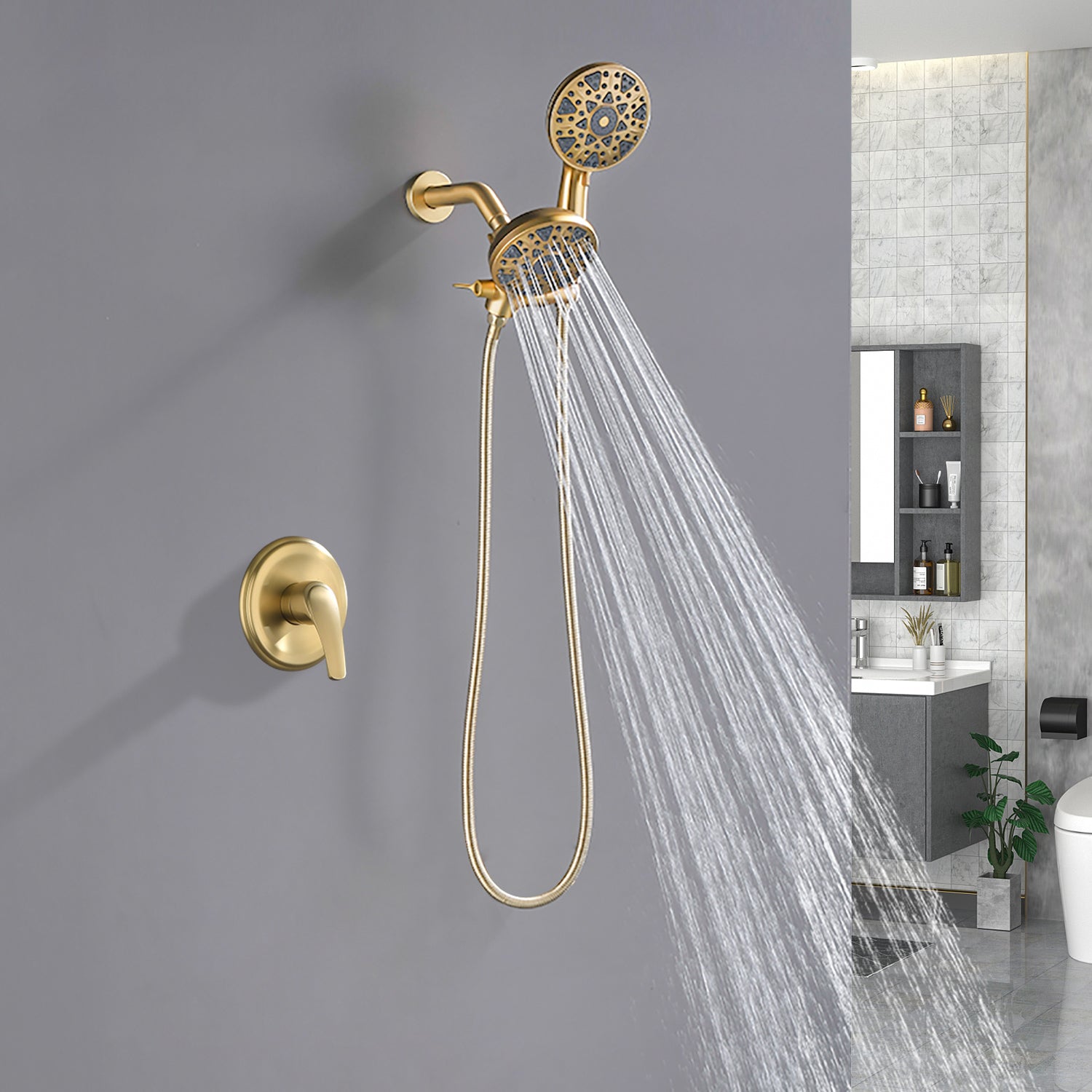 2-In-1 Rain Shower Heads System Single-Handle 6 Modes Shower Trim Kit with Dual Shower Head 4.7 Inch in Matte Black, Brushed Nickel, Brushed Gold