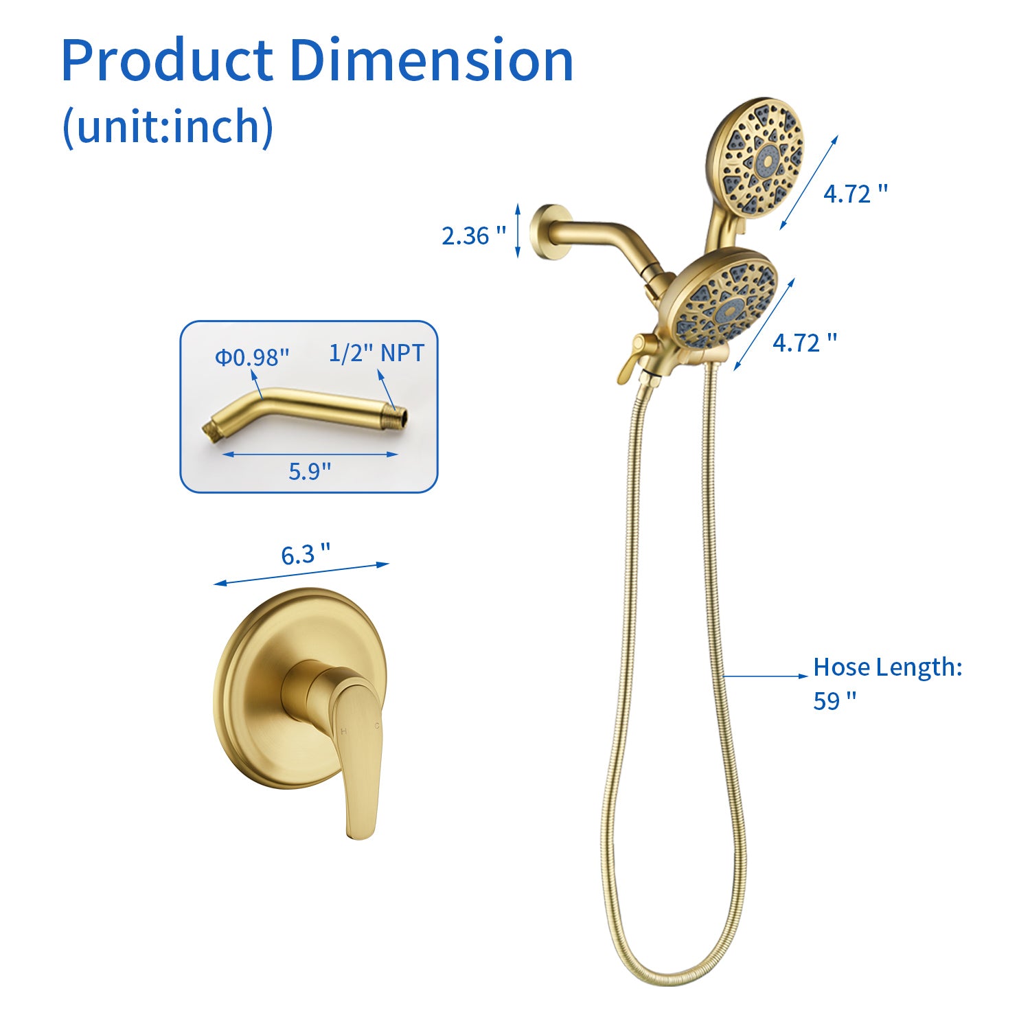 2-In-1 Rain Shower Heads System Single-Handle 6 Modes Shower Trim Kit with Dual Shower Head 4.7 Inch in Matte Black, Brushed Nickel, Brushed Gold