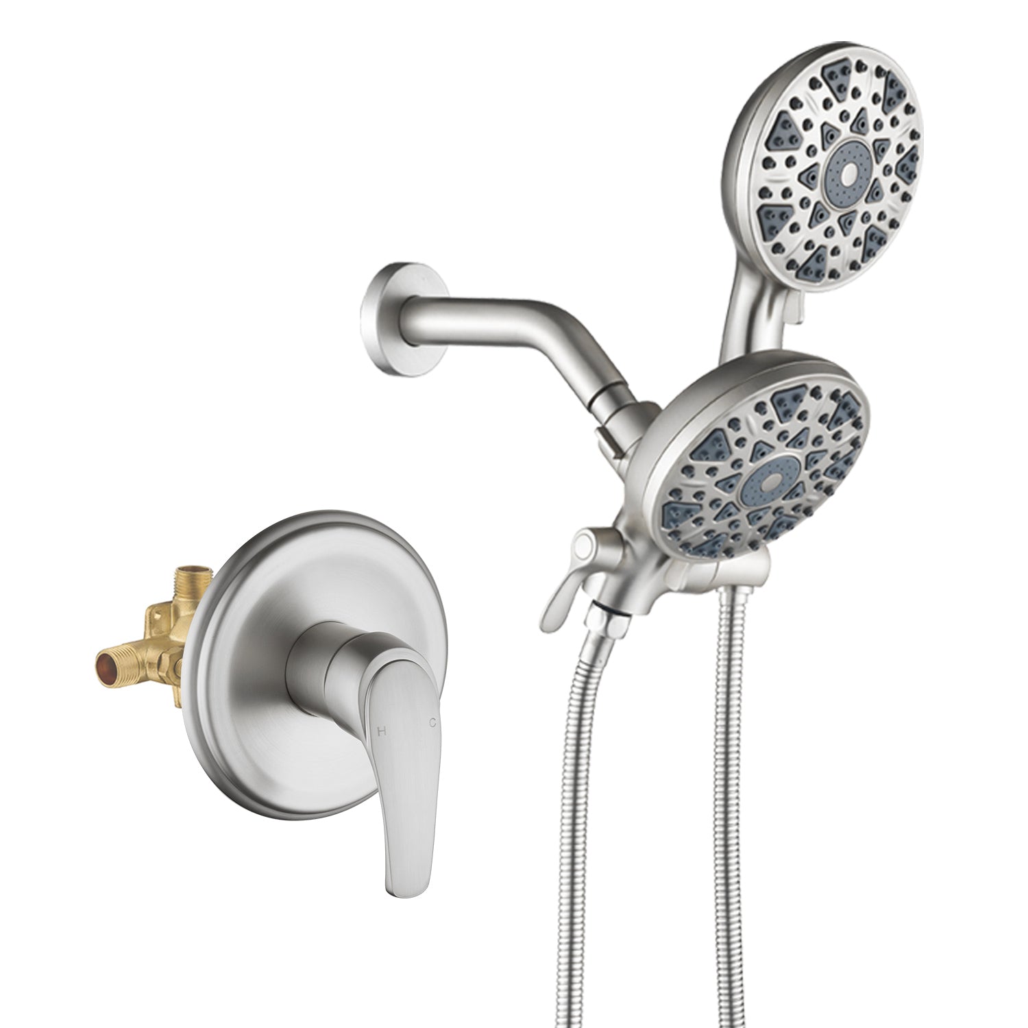 2-In-1 Rain Shower Heads System Single-Handle 6 Modes Shower Trim Kit with Dual Shower Head 4.7 Inch in Matte Black, Brushed Nickel, Brushed Gold