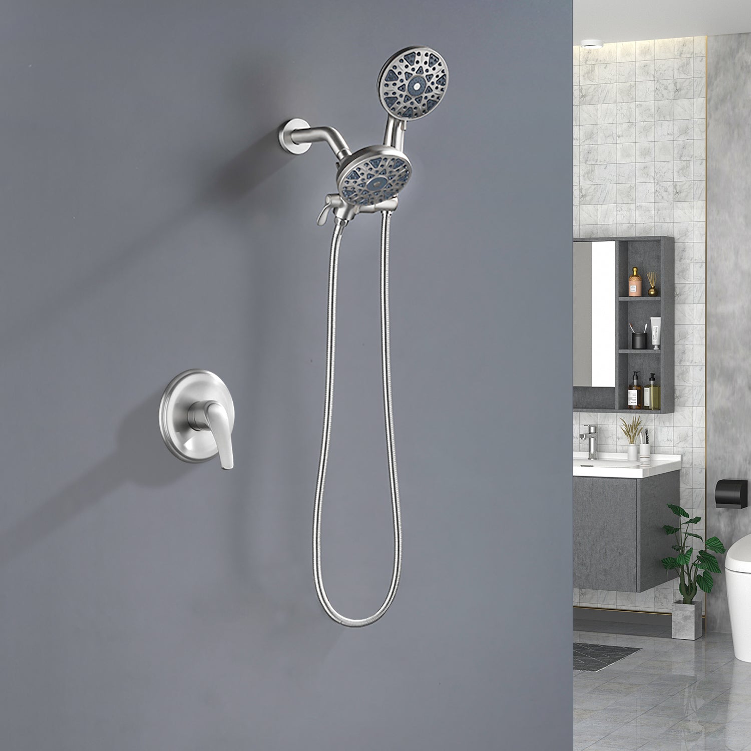 2-In-1 Rain Shower Heads System Single-Handle 6 Modes Shower Trim Kit with Dual Shower Head 4.7 Inch in Matte Black, Brushed Nickel, Brushed Gold