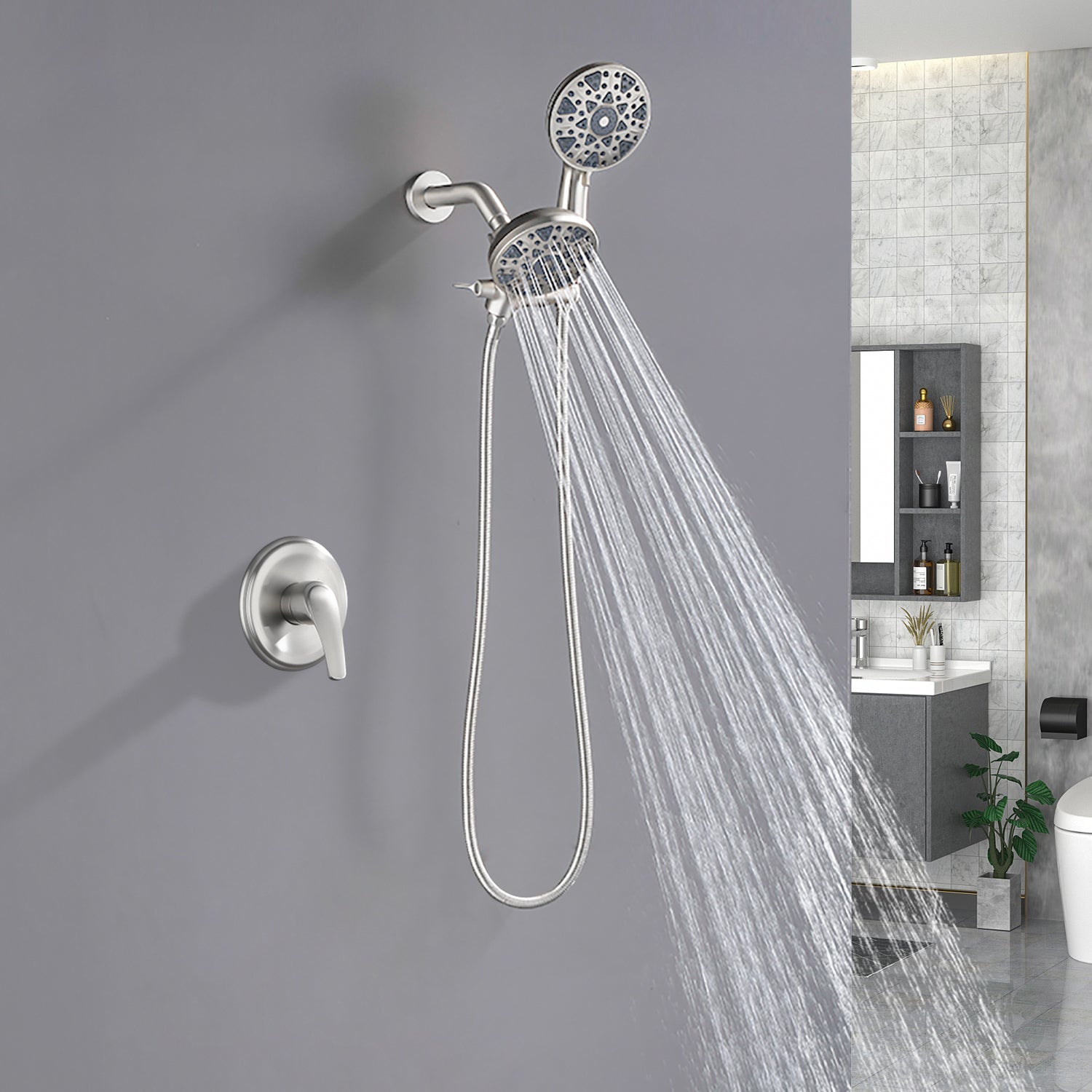 2-In-1 Rain Shower Heads System Single-Handle 6 Modes Shower Trim Kit with Dual Shower Head 4.7 Inch in Matte Black, Brushed Nickel, Brushed Gold
