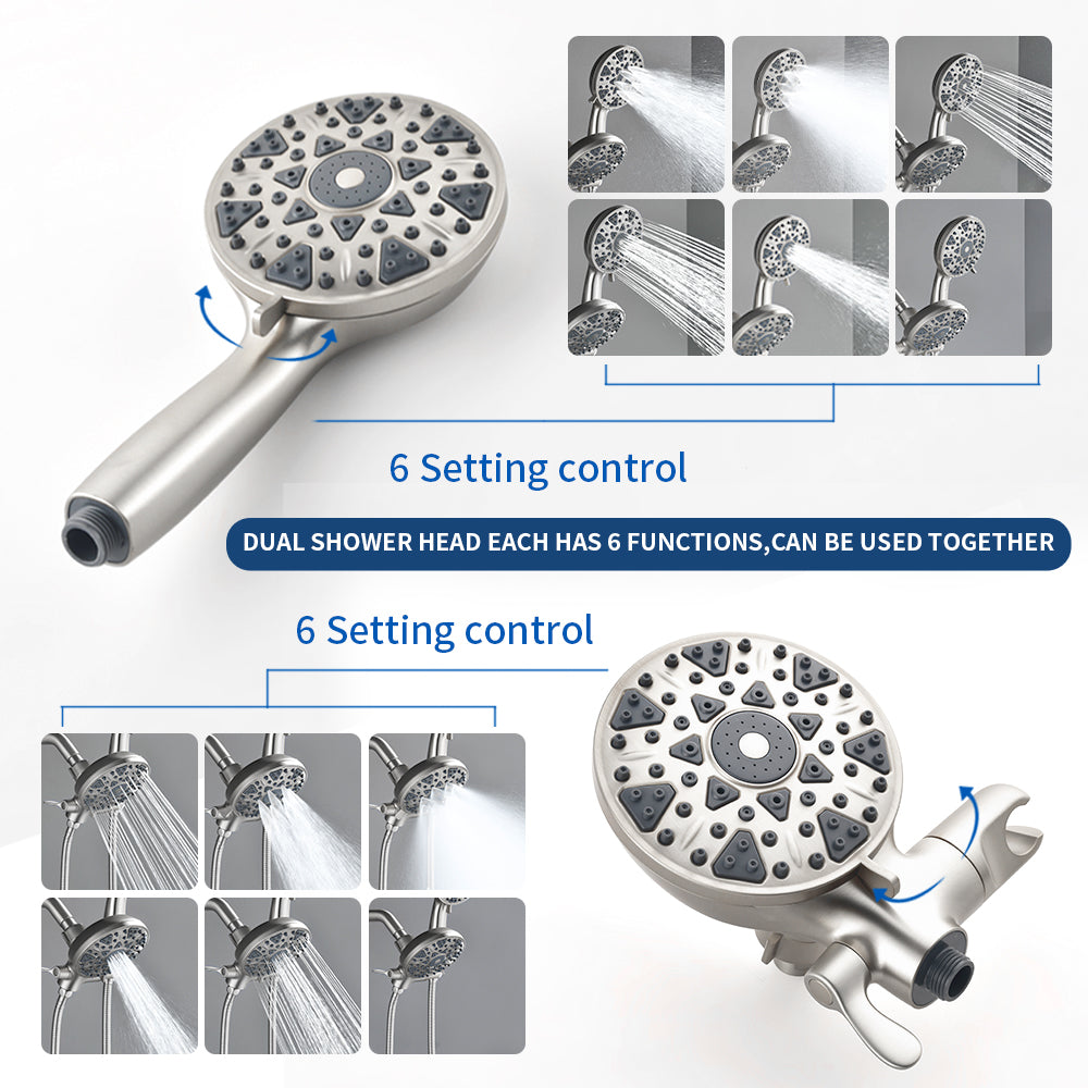 2-In-1 Rain Shower Heads System Single-Handle 6 Modes Shower Trim Kit with Dual Shower Head 4.7 Inch in Matte Black, Brushed Nickel, Brushed Gold