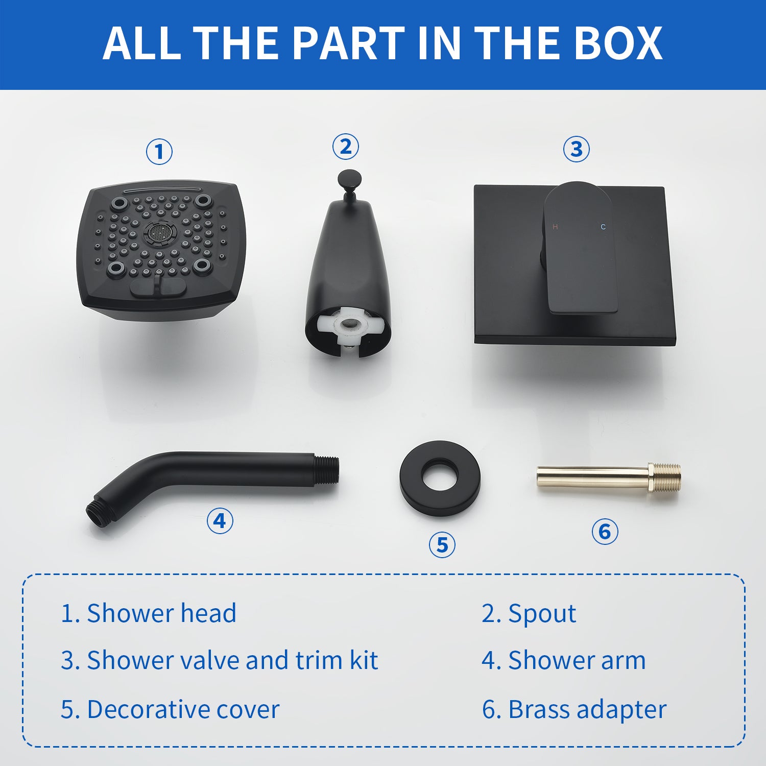 5-setting Tub and Shower Faucet Single-Handle shower trim kit with 5 in. square rain head shower and diverter tub spout