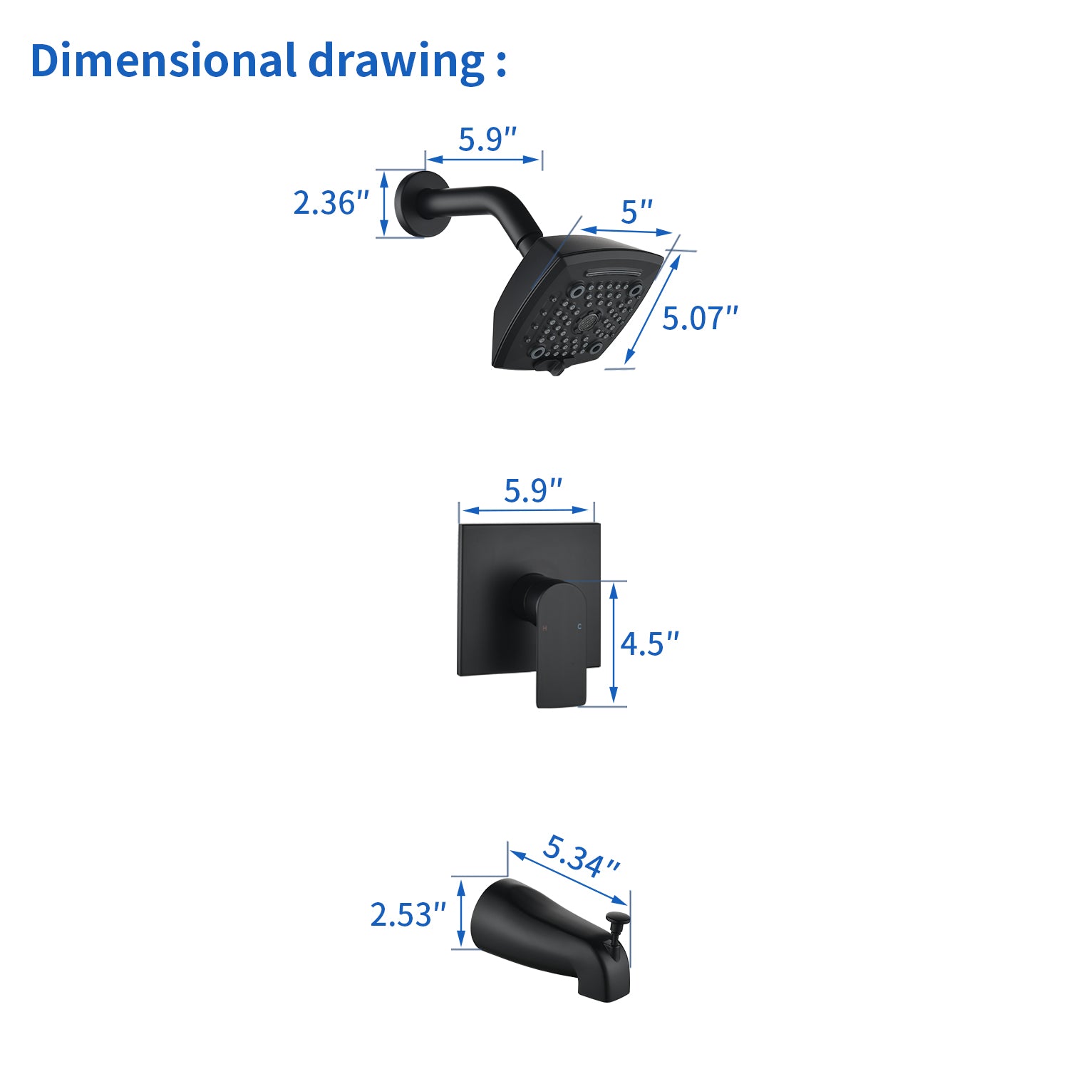 5-setting Tub and Shower Faucet Single-Handle shower trim kit with 5 in. square rain head shower and diverter tub spout