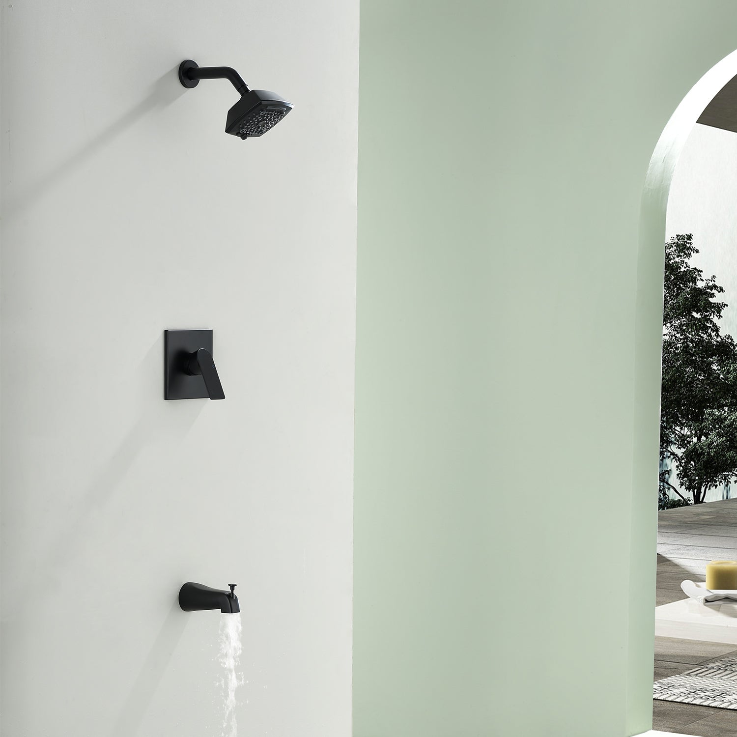 5-setting Tub and Shower Faucet Single-Handle shower trim kit with 5 in. square rain head shower and diverter tub spout