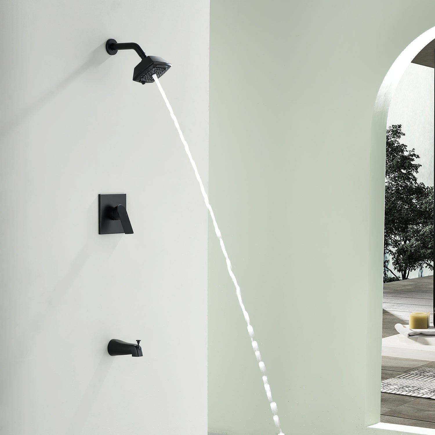 5-setting Tub and Shower Faucet Single-Handle shower trim kit with 5 in. square rain head shower and diverter tub spout