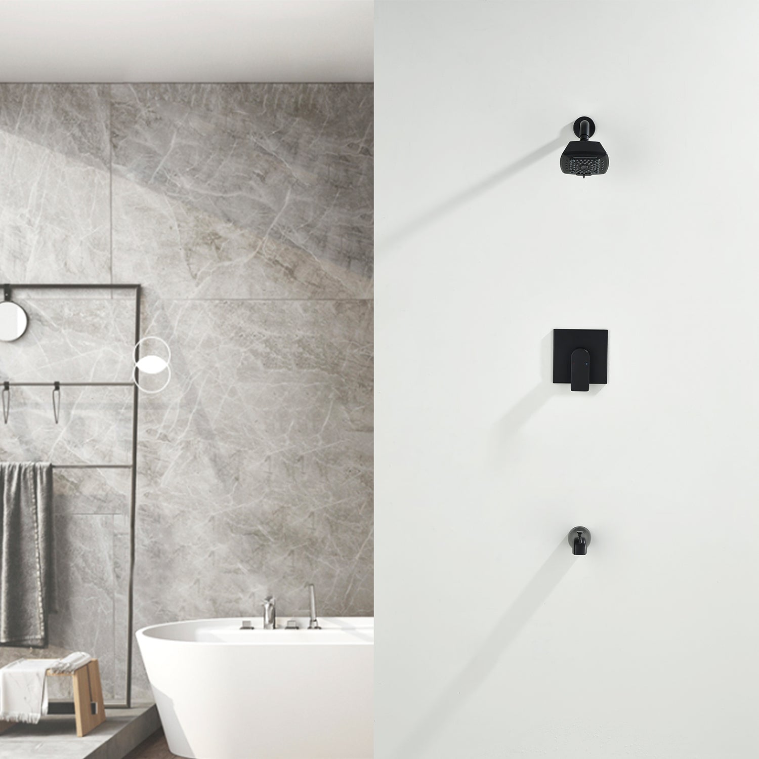 5-setting Tub and Shower Faucet Single-Handle shower trim kit with 5 in. square rain head shower and diverter tub spout