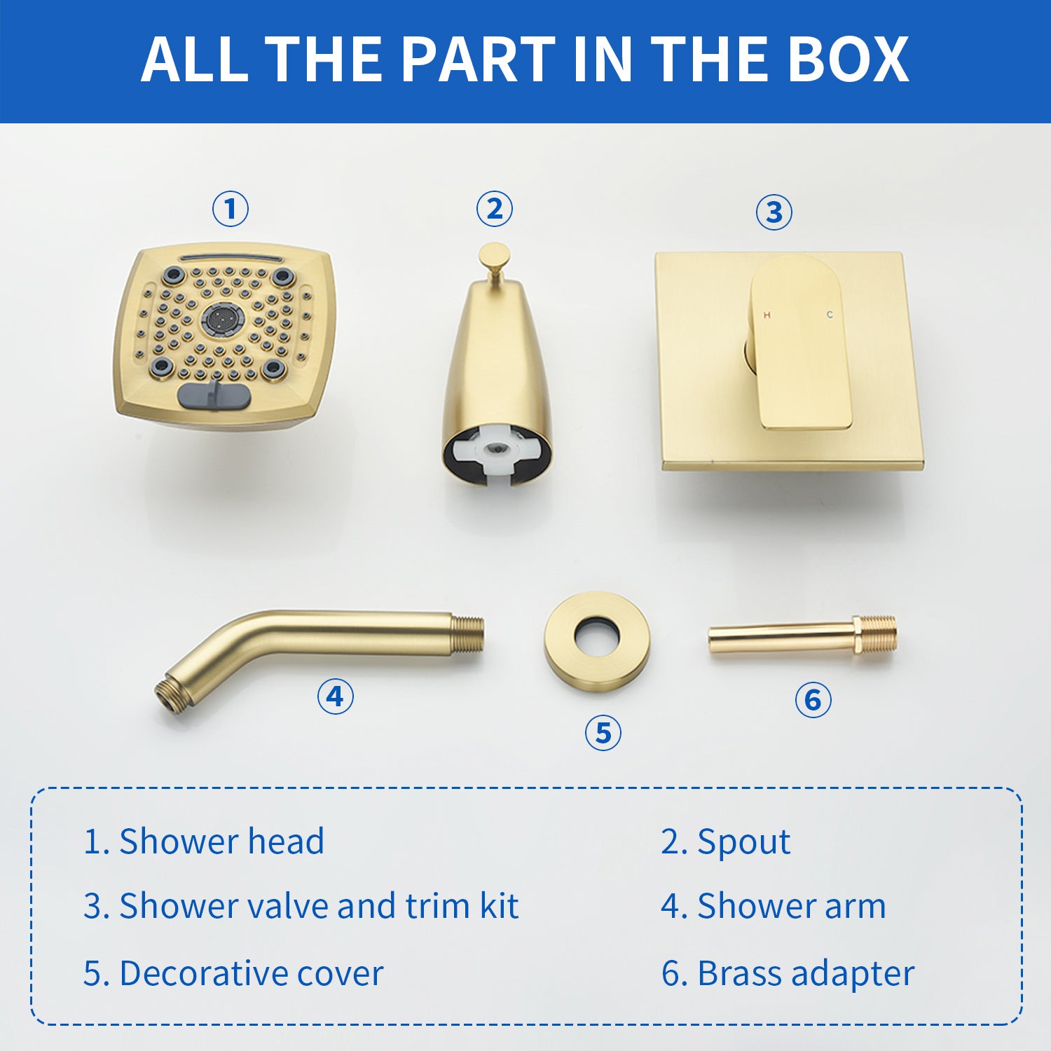 5-setting Tub and Shower Faucet Single-Handle shower trim kit with 5 in. square rain head shower and diverter tub spout