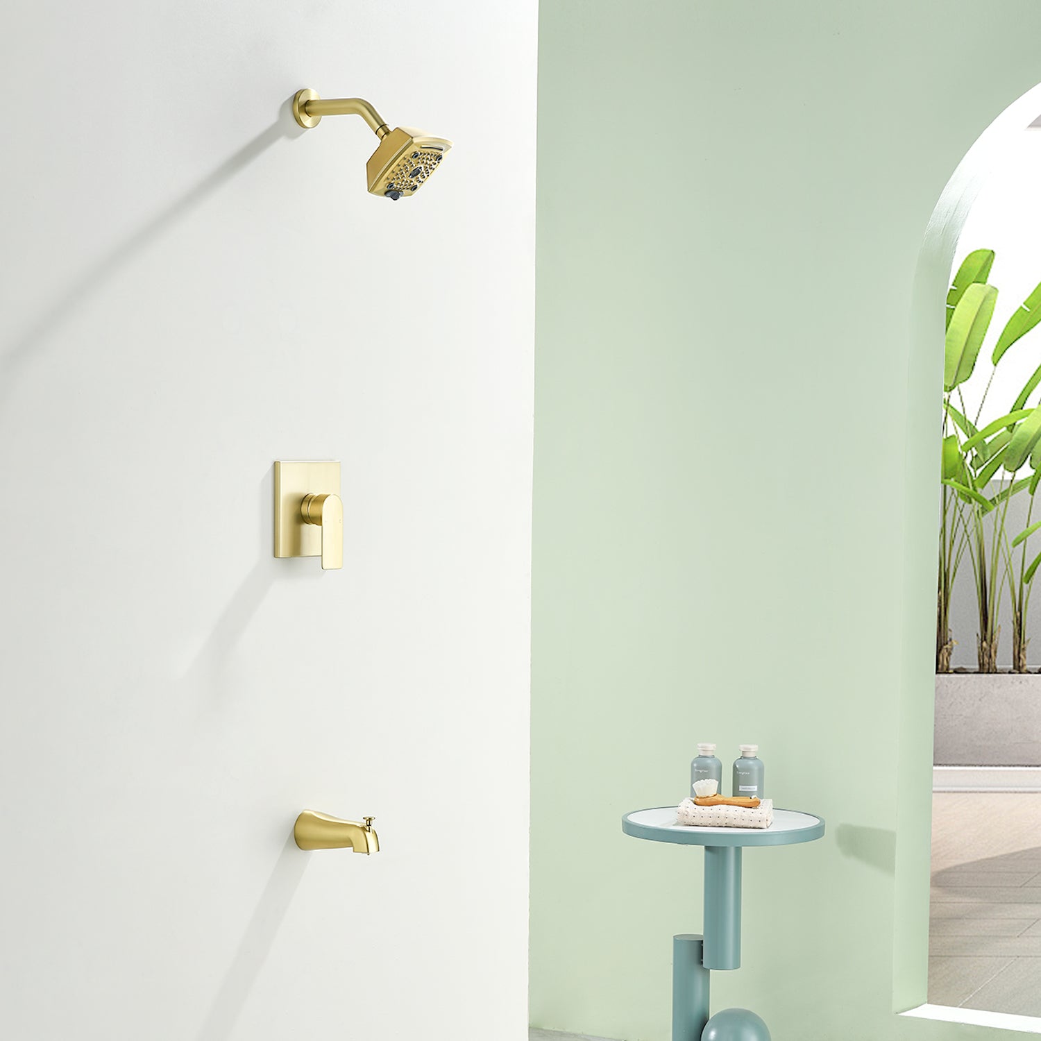 5-setting Tub and Shower Faucet Single-Handle shower trim kit with 5 in. square rain head shower and diverter tub spout