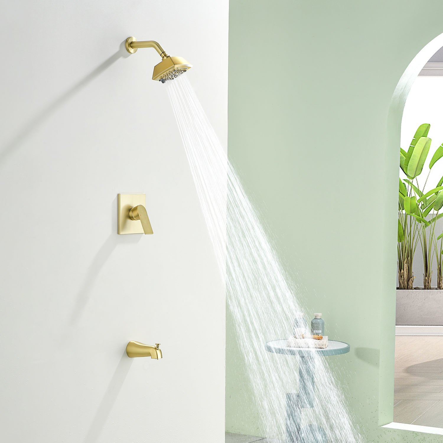 5-setting Tub and Shower Faucet Single-Handle shower trim kit with 5 in. square rain head shower and diverter tub spout