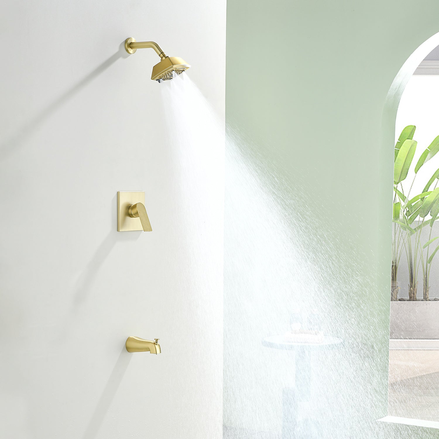 5-setting Tub and Shower Faucet Single-Handle shower trim kit with 5 in. square rain head shower and diverter tub spout