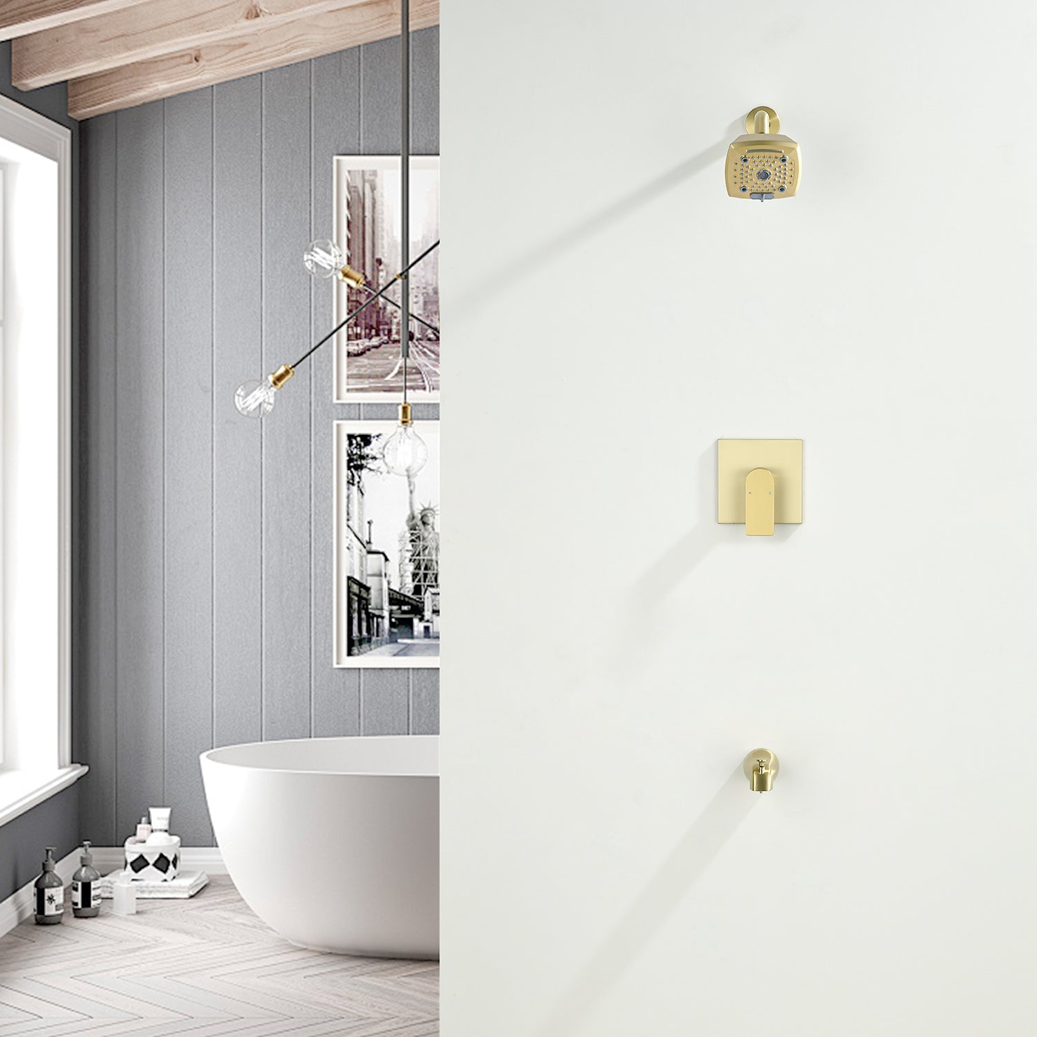 5-setting Tub and Shower Faucet Single-Handle shower trim kit with 5 in. square rain head shower and diverter tub spout