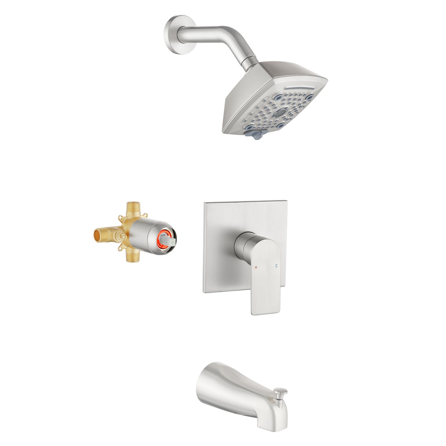 5-setting Tub and Shower Faucet Single-Handle shower trim kit with 5 in. square rain head shower and diverter tub spout