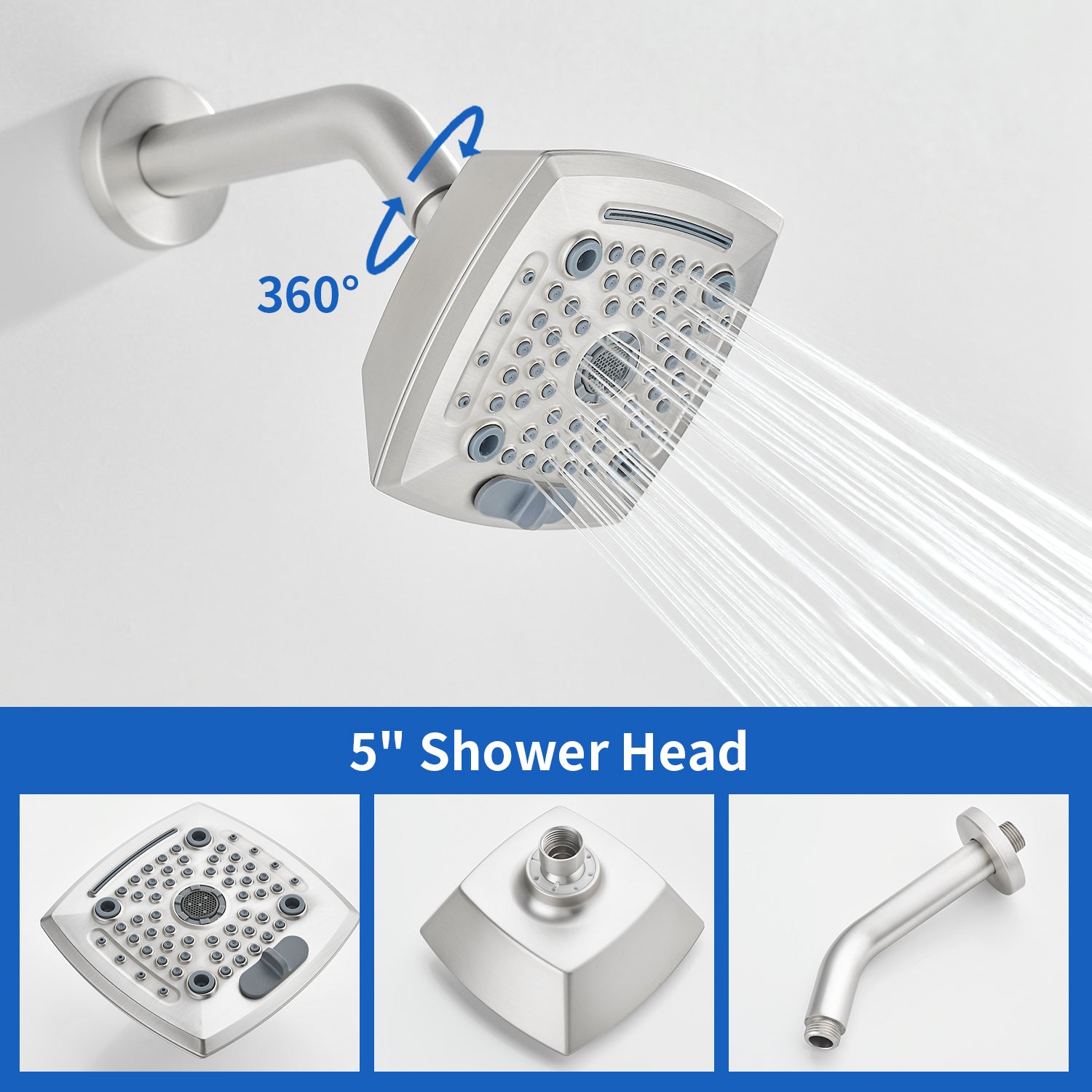 5-setting Tub and Shower Faucet Single-Handle shower trim kit with 5 in. square rain head shower and diverter tub spout