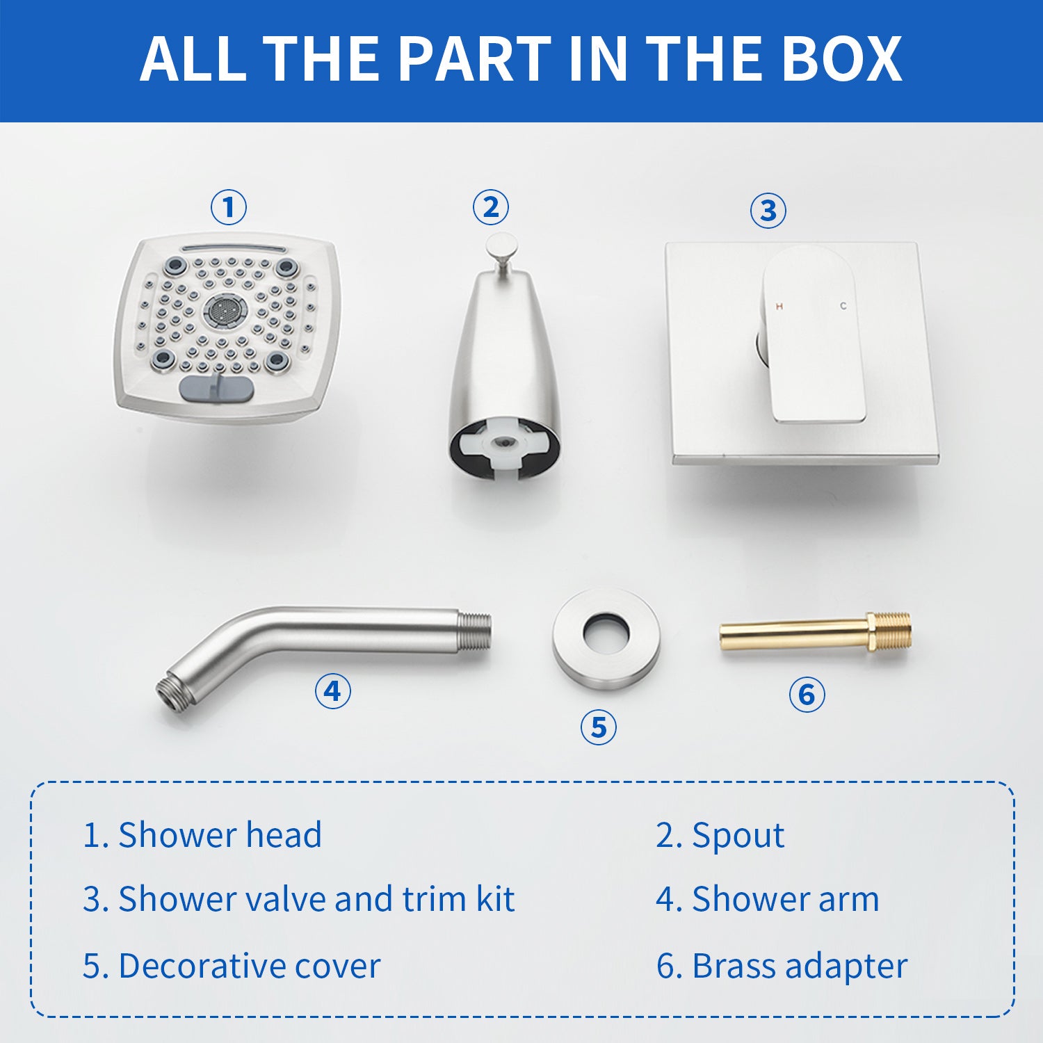 5-setting Tub and Shower Faucet Single-Handle shower trim kit with 5 in. square rain head shower and diverter tub spout