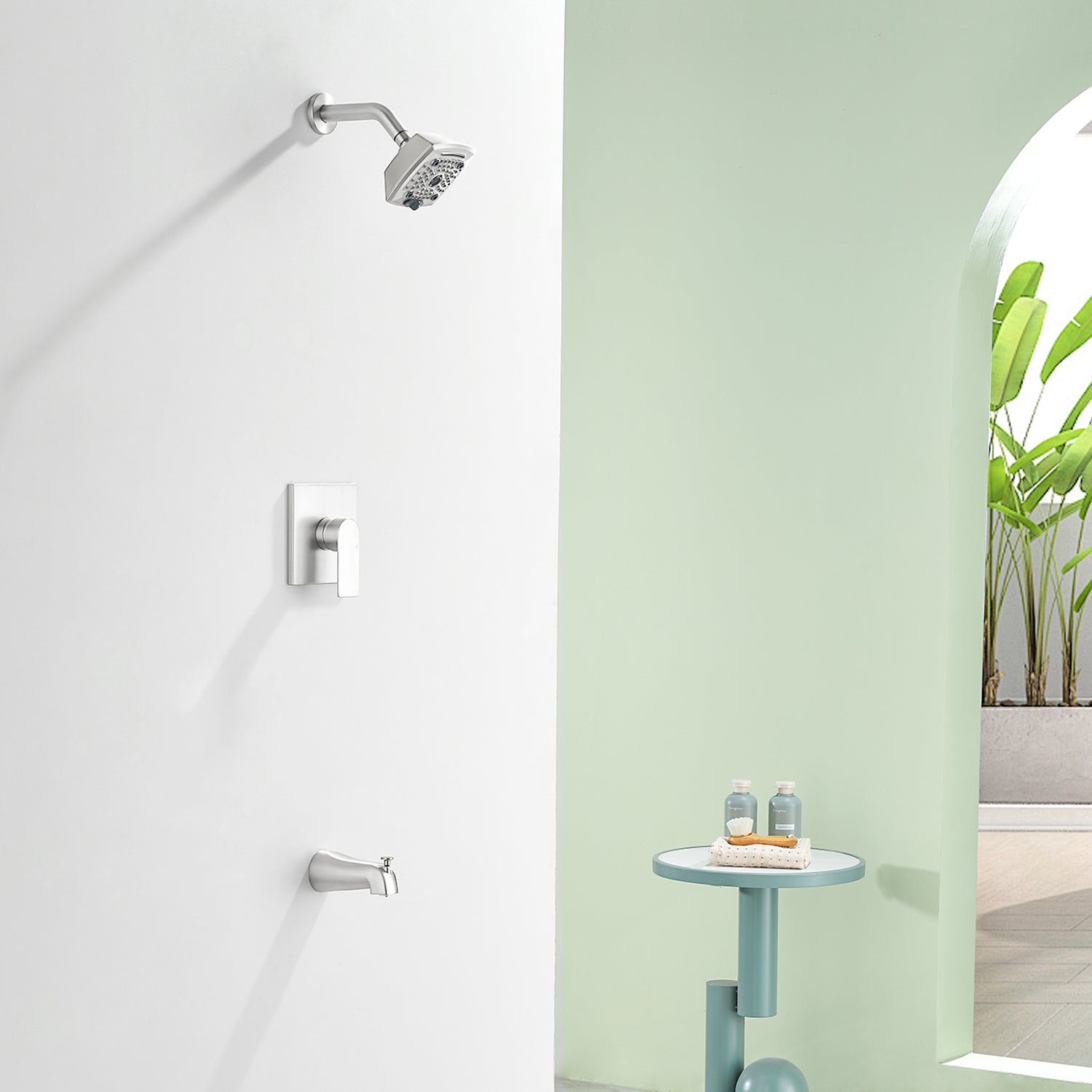 5-setting Tub and Shower Faucet Single-Handle shower trim kit with 5 in. square rain head shower and diverter tub spout