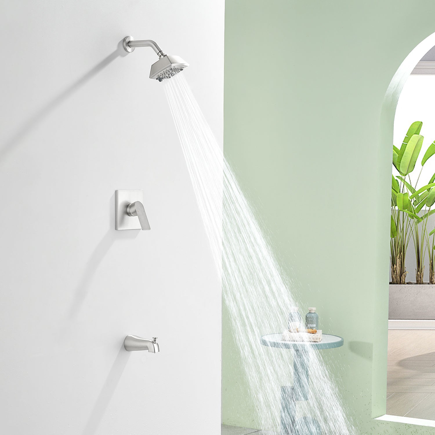 5-setting Tub and Shower Faucet Single-Handle shower trim kit with 5 in. square rain head shower and diverter tub spout