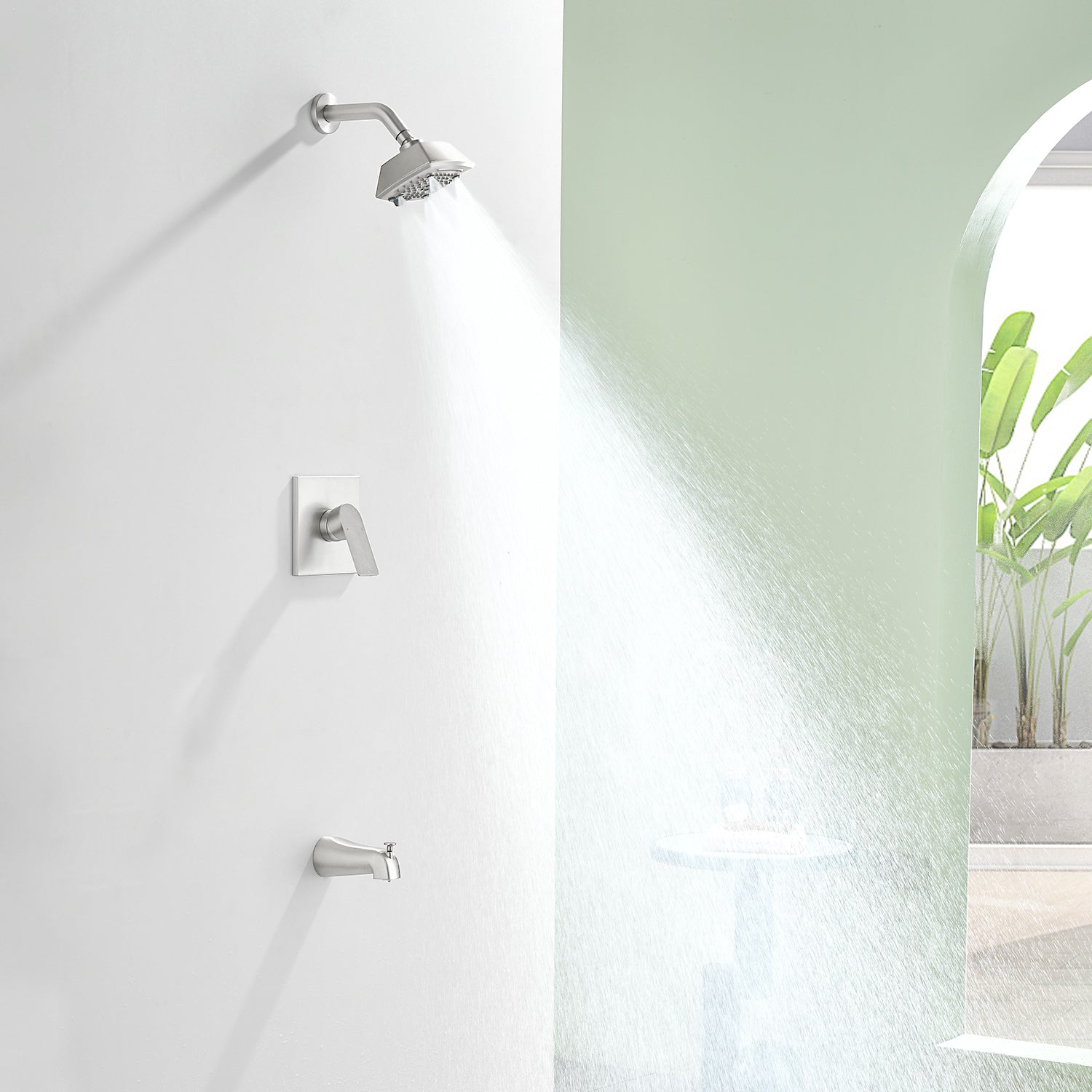 5-setting Tub and Shower Faucet Single-Handle shower trim kit with 5 in. square rain head shower and diverter tub spout