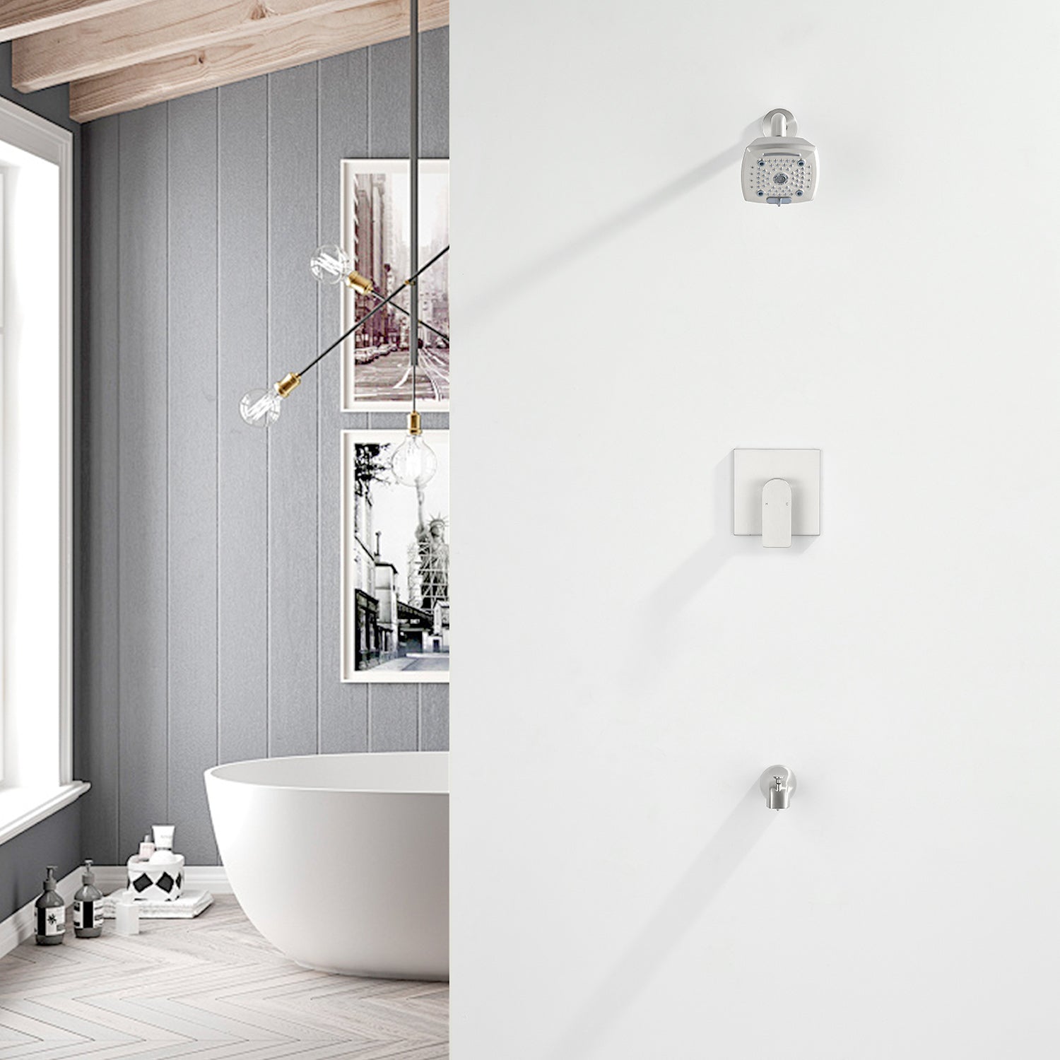 5-setting Tub and Shower Faucet Single-Handle shower trim kit with 5 in. square rain head shower and diverter tub spout