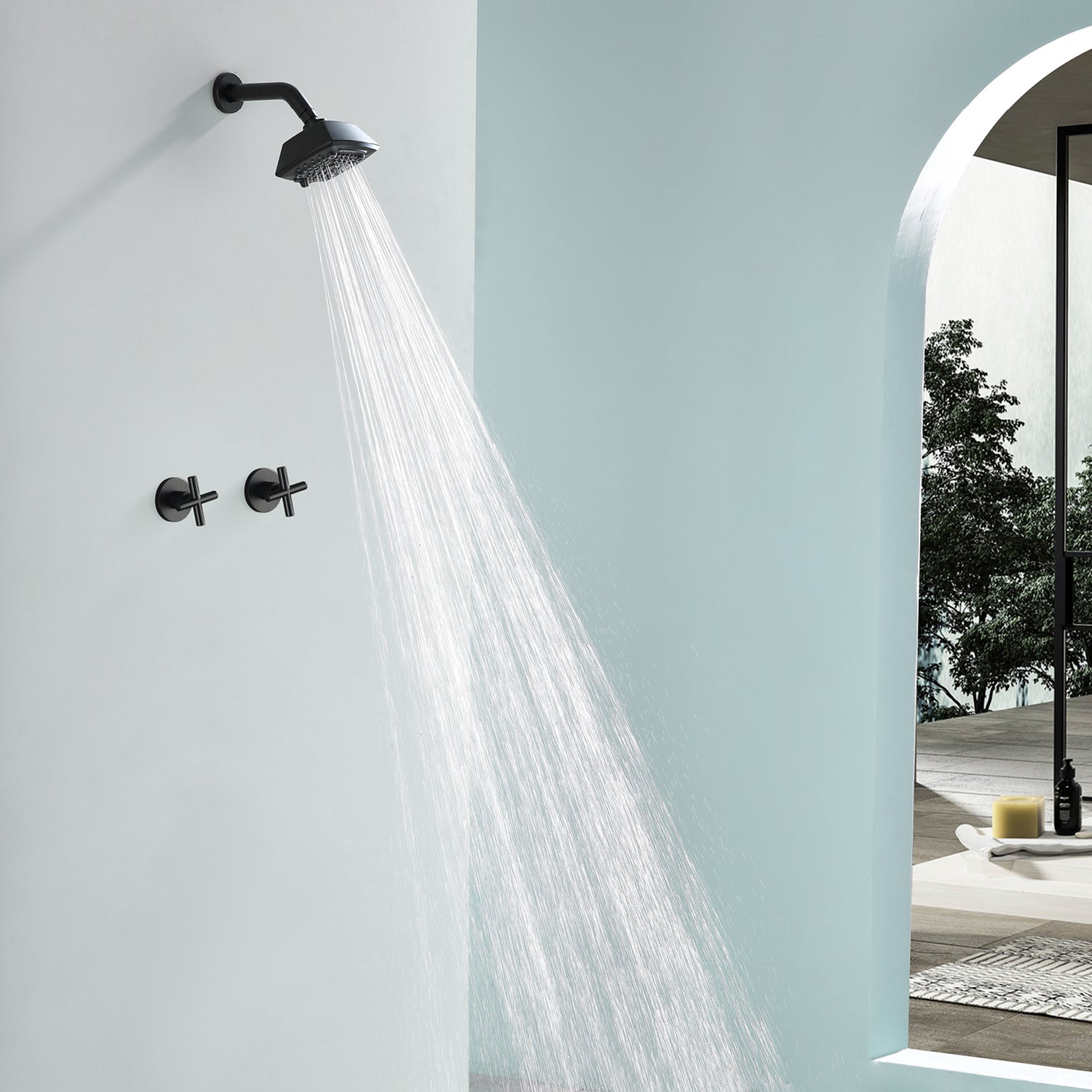 Two Handle Shower Faucet with 5 Inch Square 6-Spray Shower Head in Matte Black, Brushed Nickel, Brushed Gold