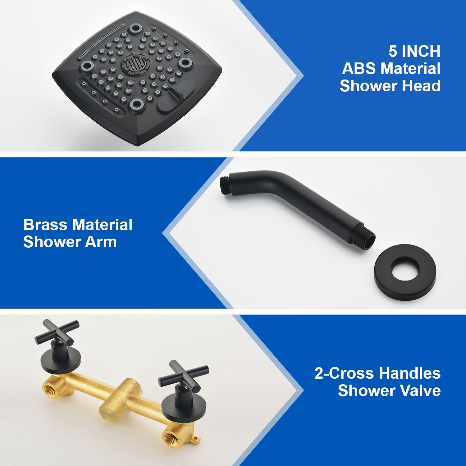 Two Handle Shower Faucet with 5 Inch Square 6-Spray Shower Head in Matte Black, Brushed Nickel, Brushed Gold