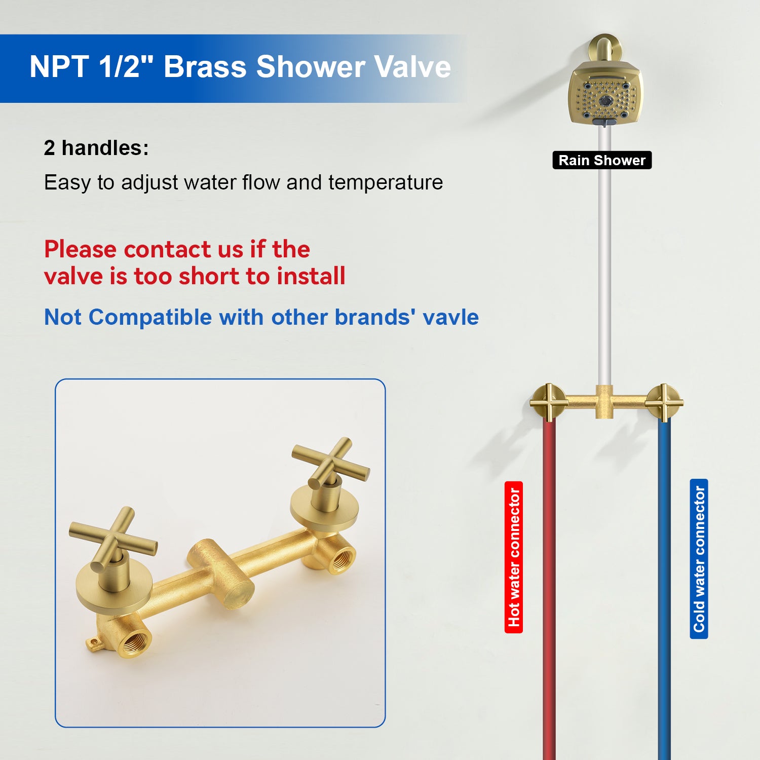 Two Handle Shower Faucet with 5 Inch Square 6-Spray Shower Head in Matte Black, Brushed Nickel, Brushed Gold