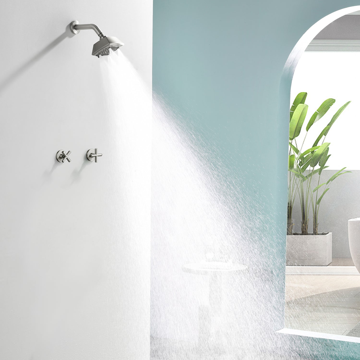 Two Handle Shower Faucet with 5 Inch Square 6-Spray Shower Head in Matte Black, Brushed Nickel, Brushed Gold