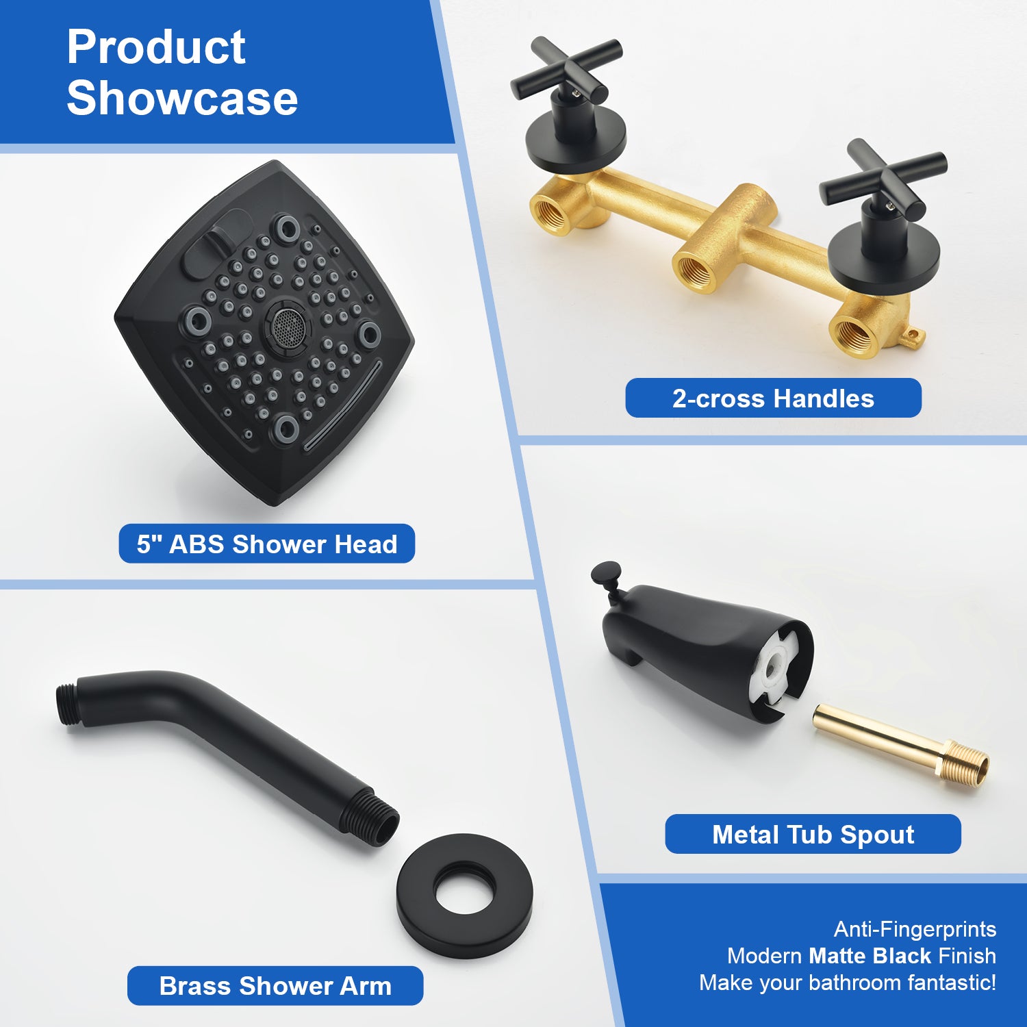 Bathroom Tub and Shower Set with 2-Handle Shower Valve & Trim Kit, 5-Spray Shower Head, Tub Spout with Diverter, Matte Black, Brushed Nickel, Brushed Gold