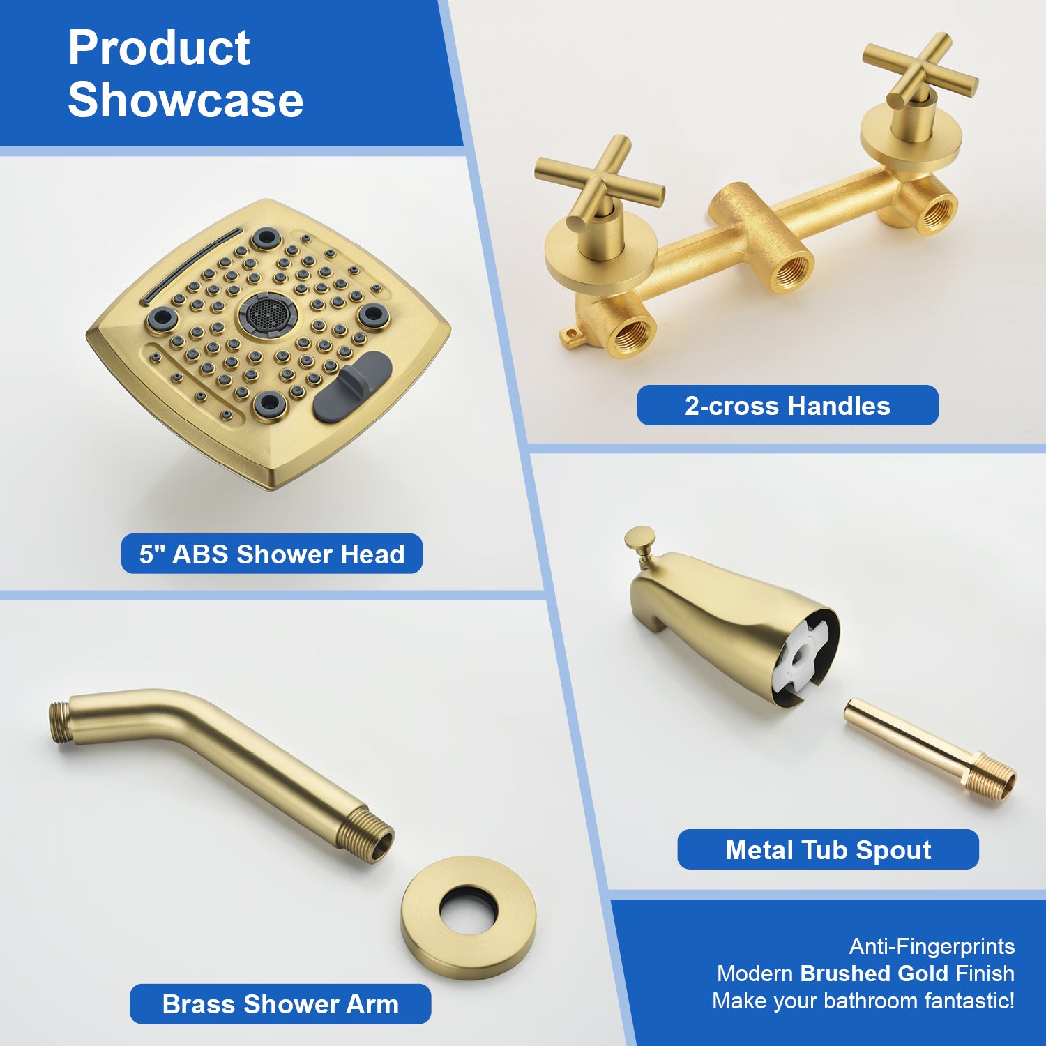 Bathroom Tub and Shower Set with 2-Handle Shower Valve & Trim Kit, 5-Spray Shower Head, Tub Spout with Diverter, Matte Black, Brushed Nickel, Brushed Gold