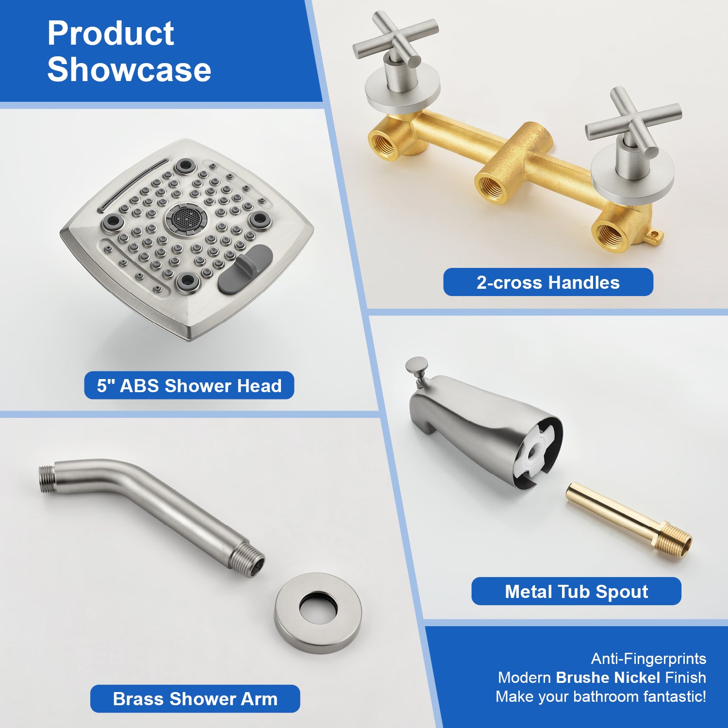 Bathroom Tub and Shower Set with 2-Handle Shower Valve & Trim Kit, 5-Spray Shower Head, Tub Spout with Diverter, Matte Black, Brushed Nickel, Brushed Gold