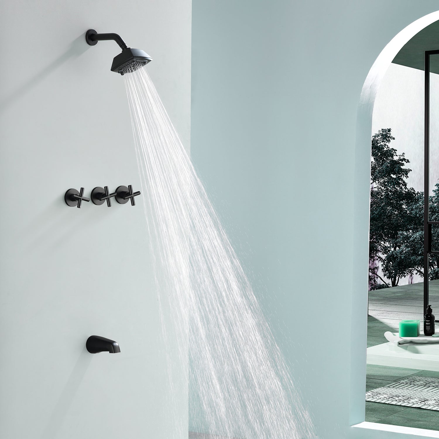 3-Handle Tub Shower Trim Kit with Rough-in Valve, 5 Settings Headshower Faucet Set with Tub Spout