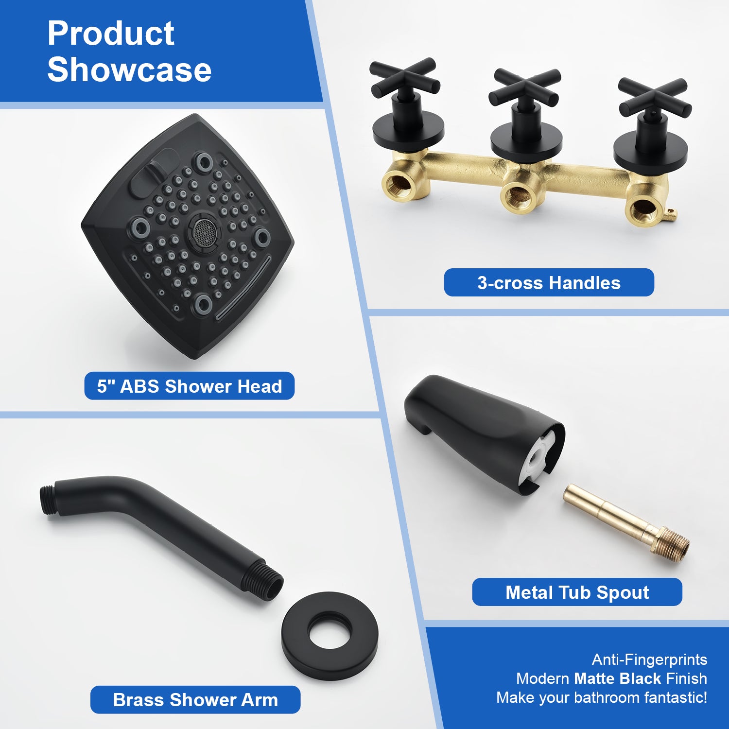 3-Handle Tub Shower Trim Kit with Rough-in Valve, 5 Settings Headshower Faucet Set with Tub Spout