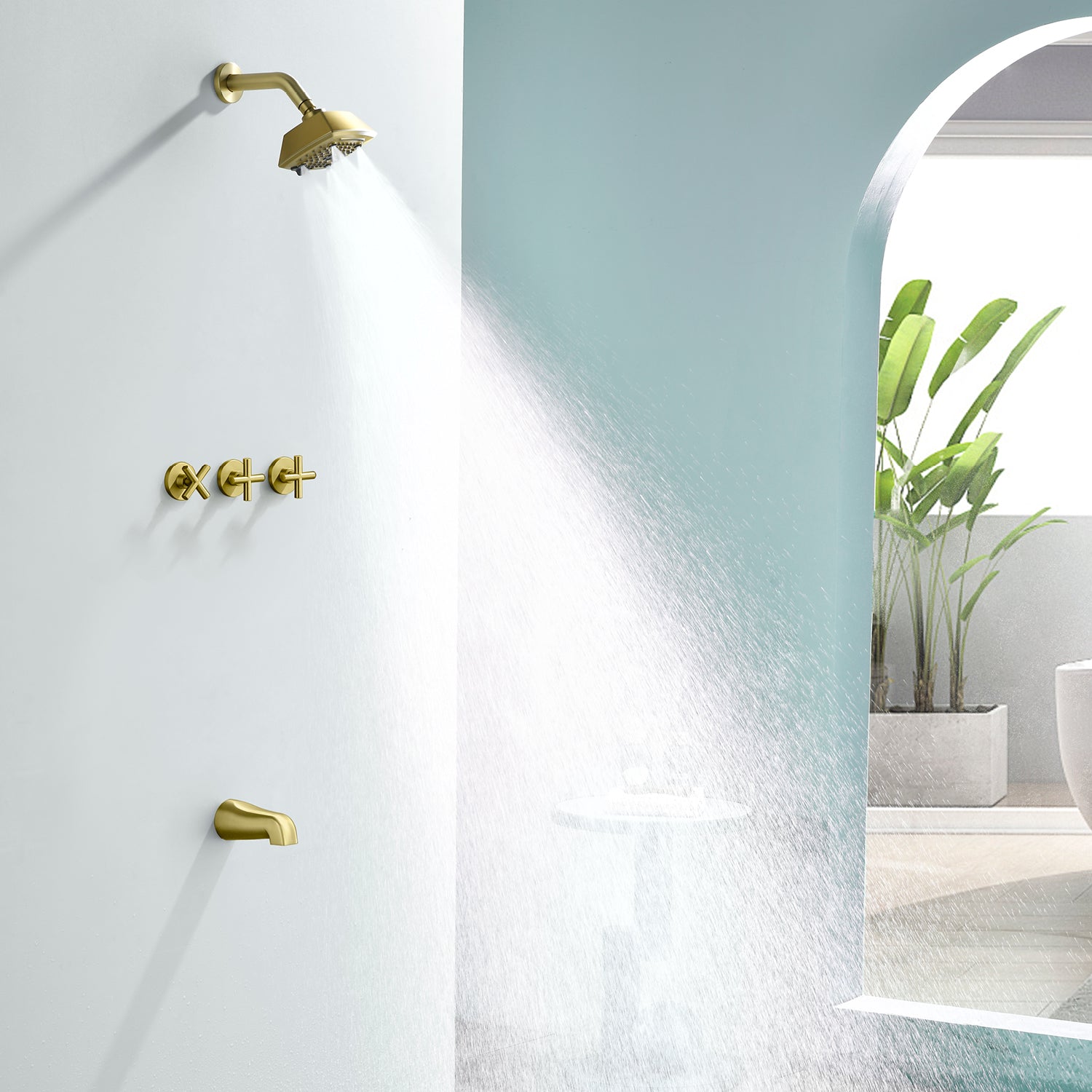 3-Handle Tub Shower Trim Kit with Rough-in Valve, 5 Settings Headshower Faucet Set with Tub Spout