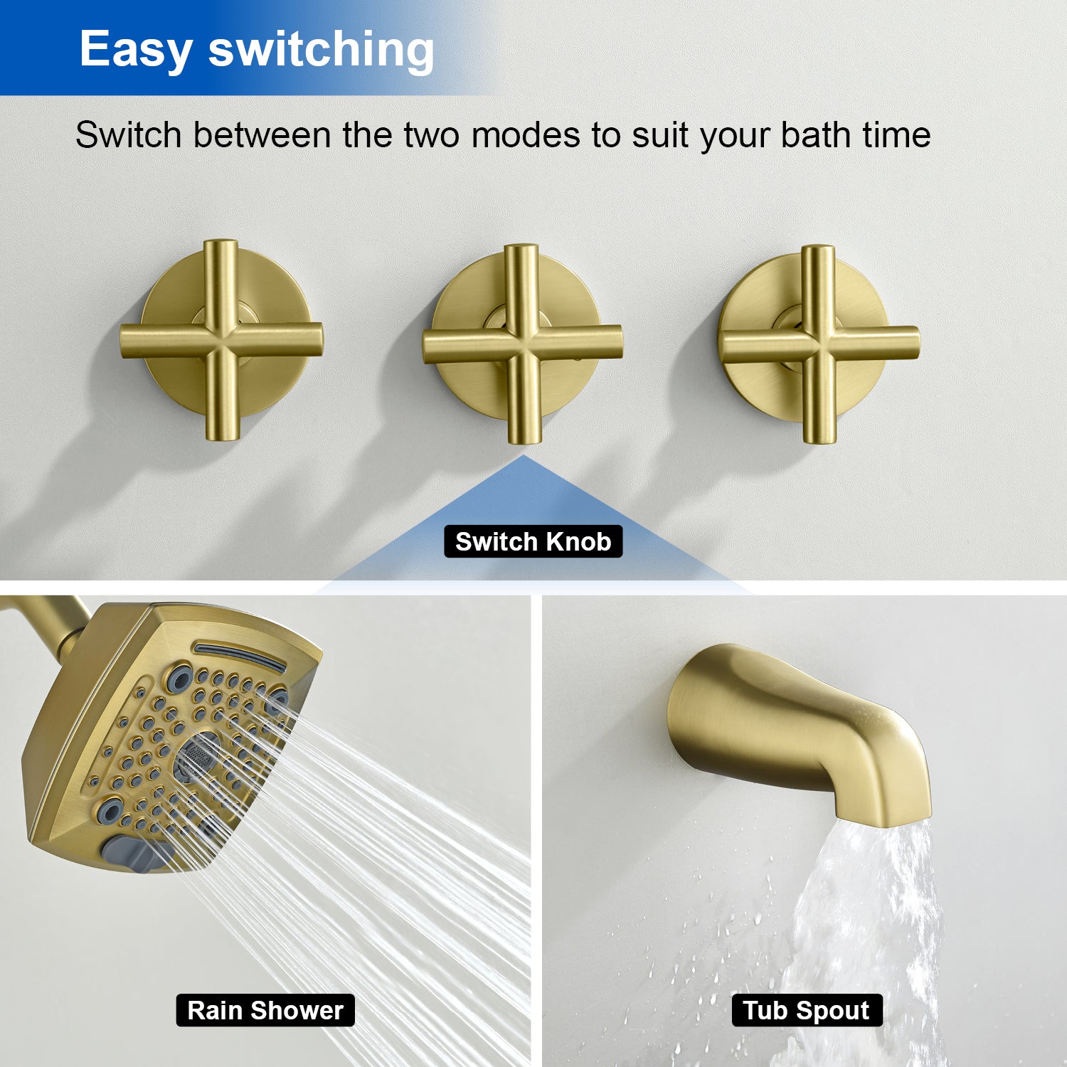 3-Handle Tub Shower Trim Kit with Rough-in Valve, 5 Settings Headshower Faucet Set with Tub Spout