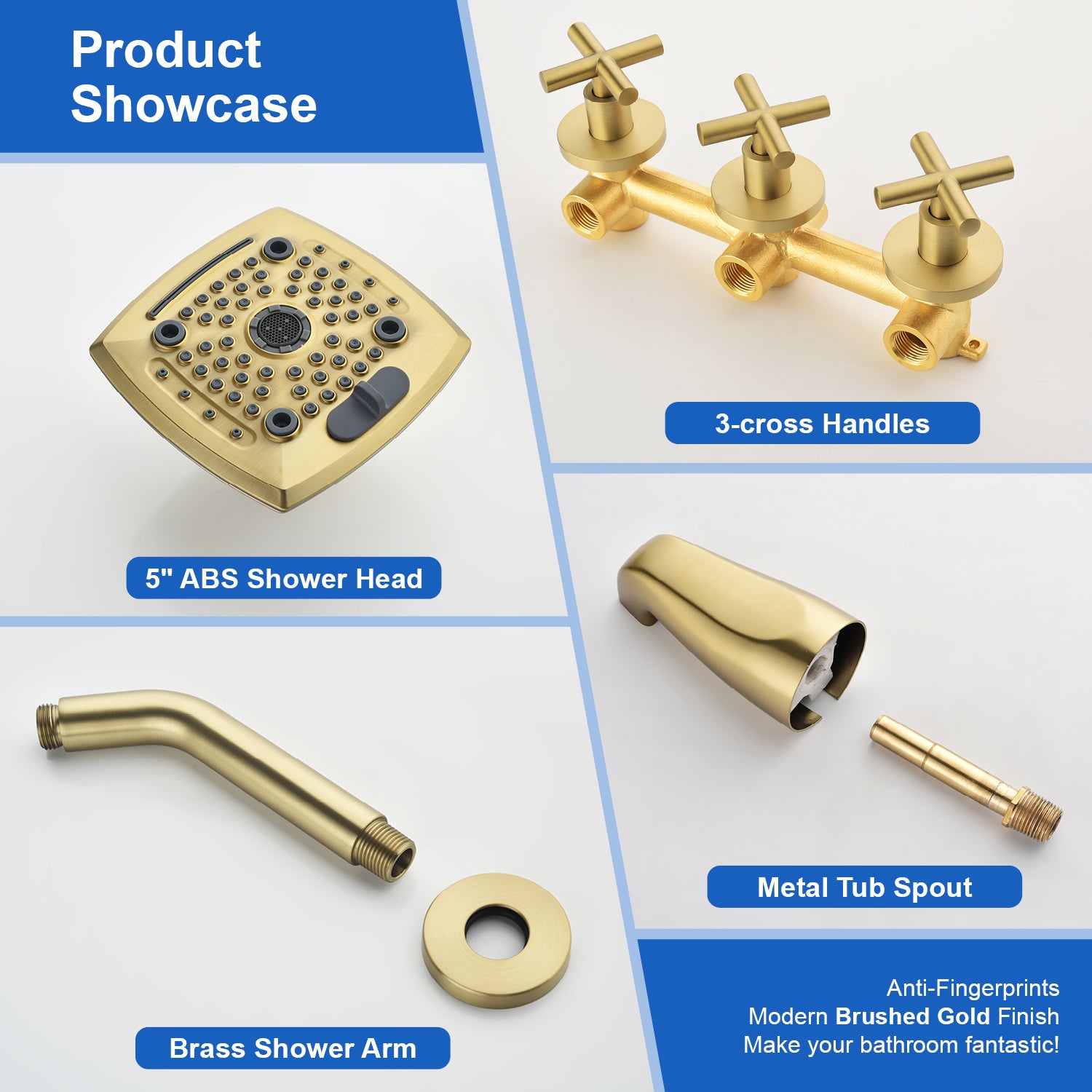 3-Handle Tub Shower Trim Kit with Rough-in Valve, 5 Settings Headshower Faucet Set with Tub Spout