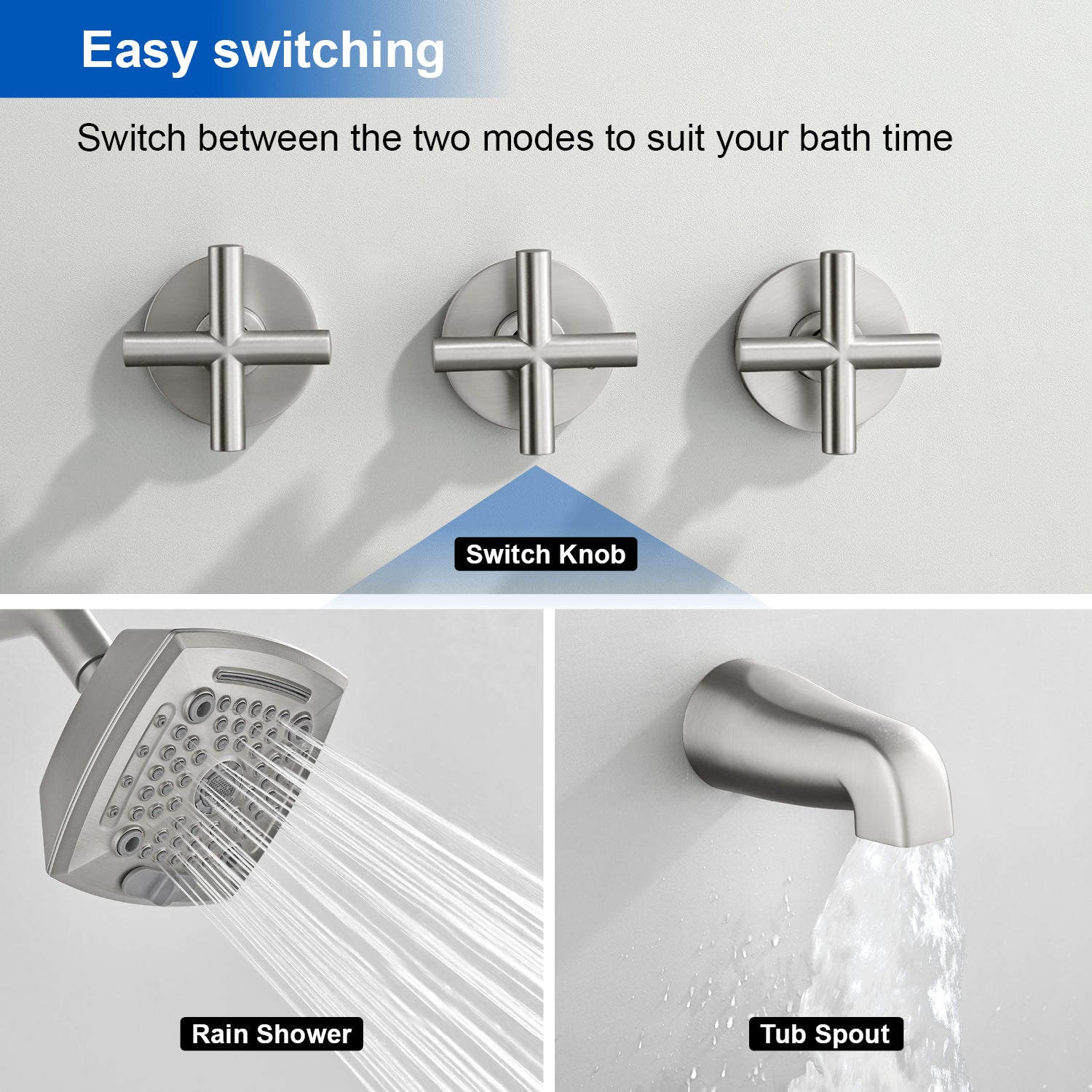 3-Handle Tub Shower Trim Kit with Rough-in Valve, 5 Settings Headshower Faucet Set with Tub Spout