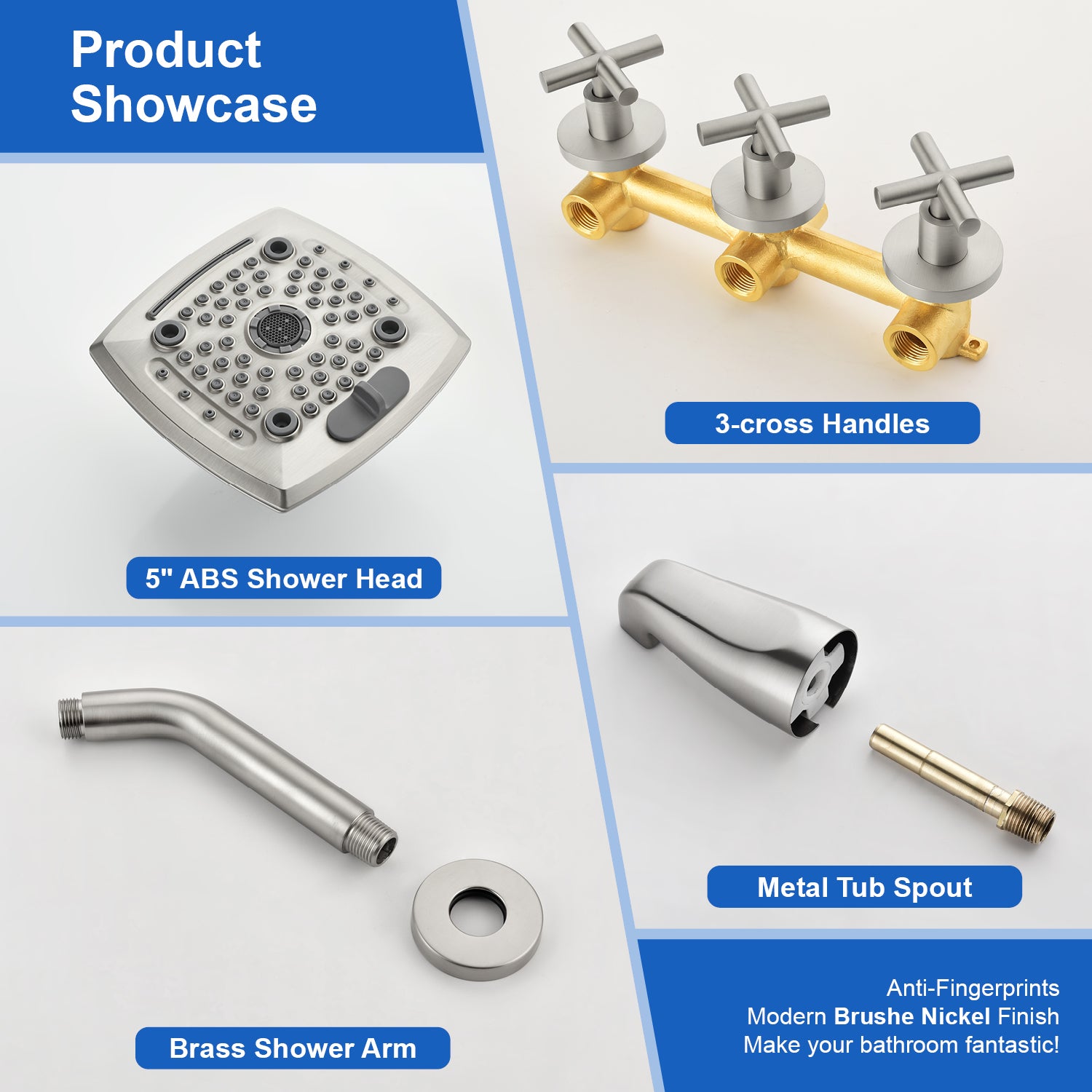 3-Handle Tub Shower Trim Kit with Rough-in Valve, 5 Settings Headshower Faucet Set with Tub Spout