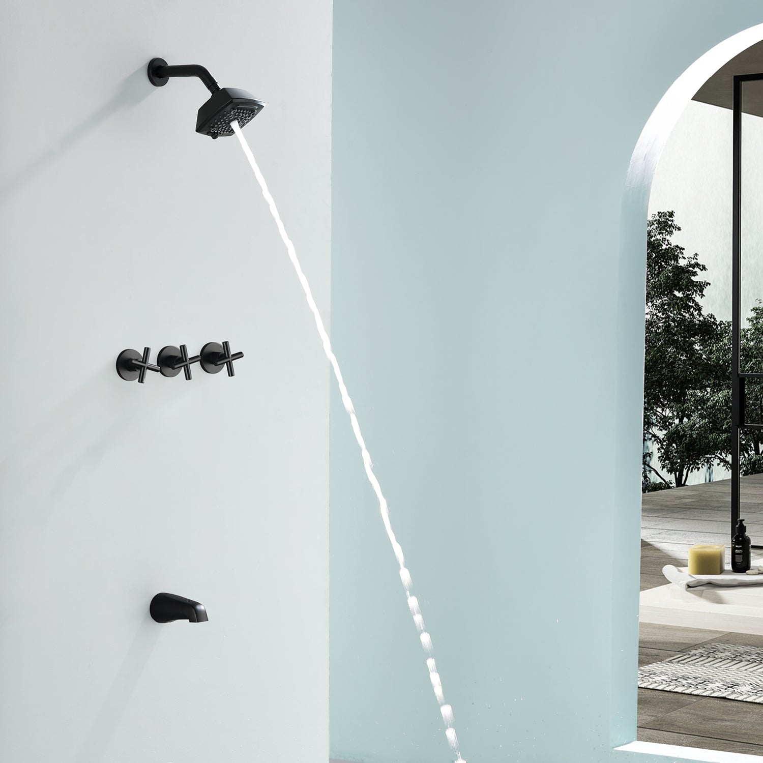 3-Handle Tub Shower Trim Kit with Rough-in Valve, 5 Settings Headshower Faucet Set with Tub Spout