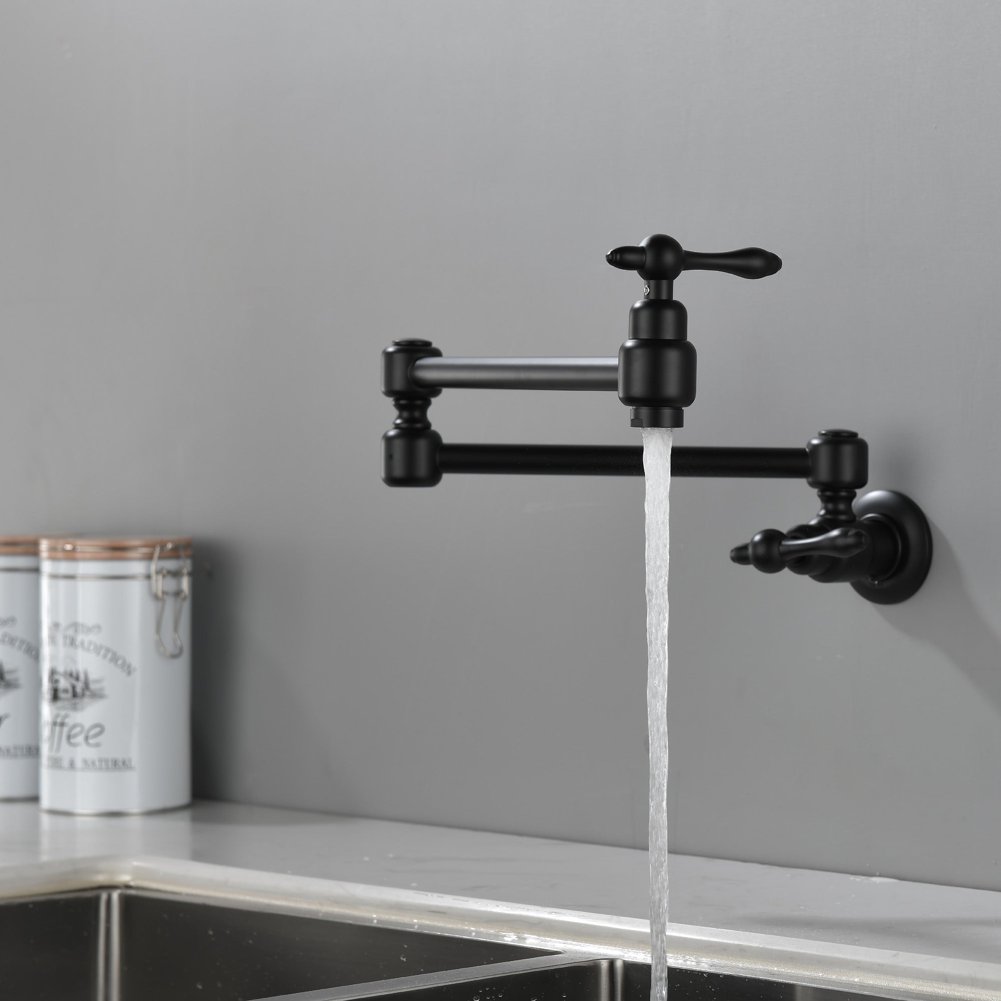 Pot Filler Faucet Wall Mount Brass Faucets Kitchen Commercial Faucet Folding Kitchen Faucet Lead-Free Restaurant Faucets 2 Handles Double Joint Swing Arm Faucet