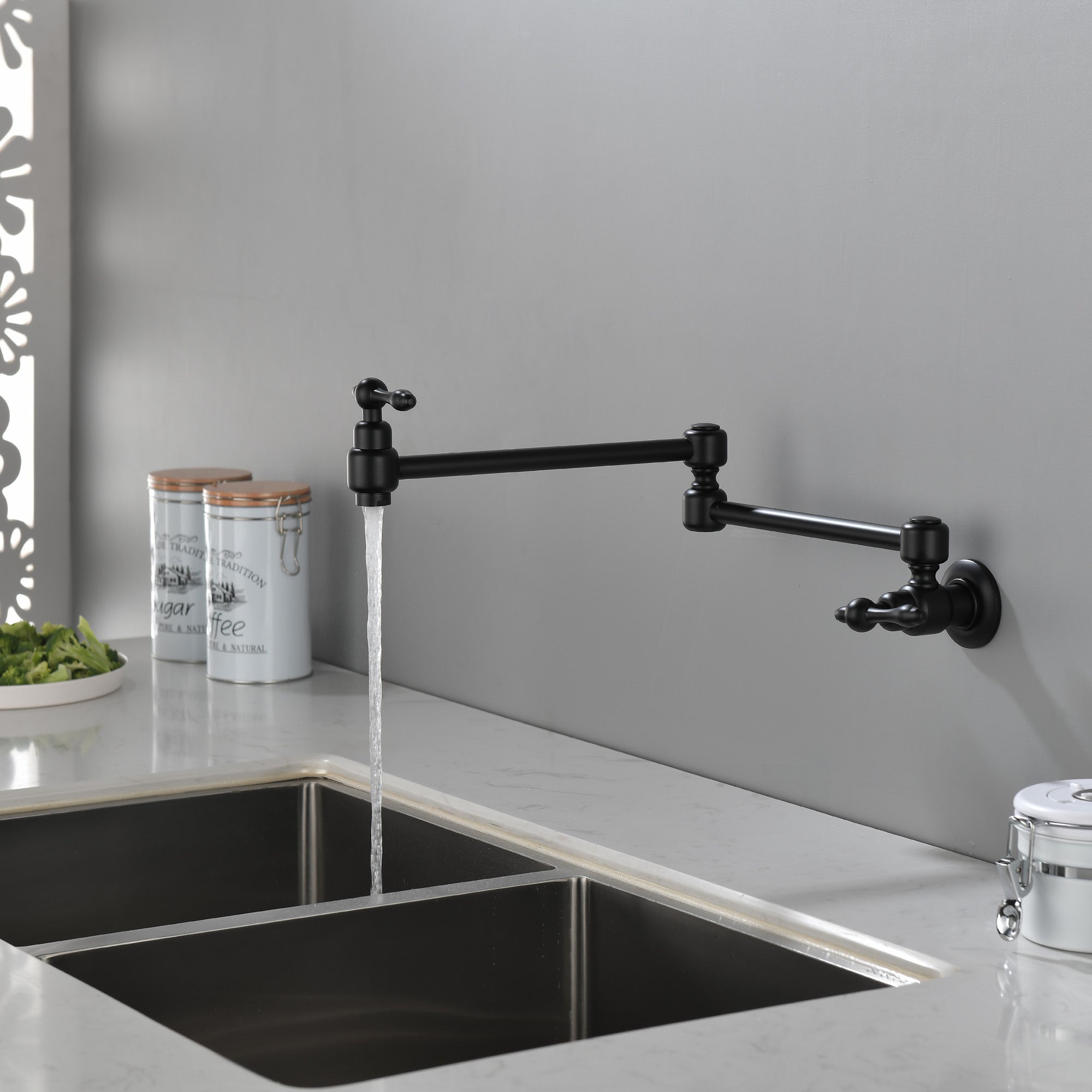 Pot Filler Faucet Wall Mount Brass Faucets Kitchen Commercial Faucet Folding Kitchen Faucet Lead-Free Restaurant Faucets 2 Handles Double Joint Swing Arm Faucet