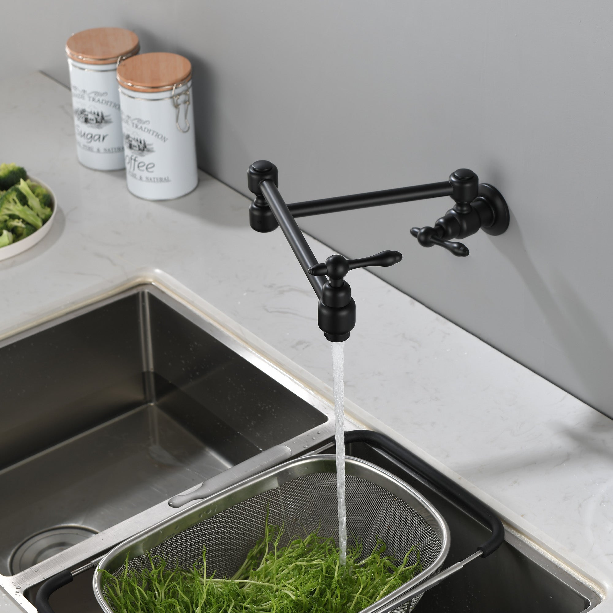 Pot Filler Faucet Wall Mount Brass Faucets Kitchen Commercial Faucet Folding Kitchen Faucet Lead-Free Restaurant Faucets 2 Handles Double Joint Swing Arm Faucet