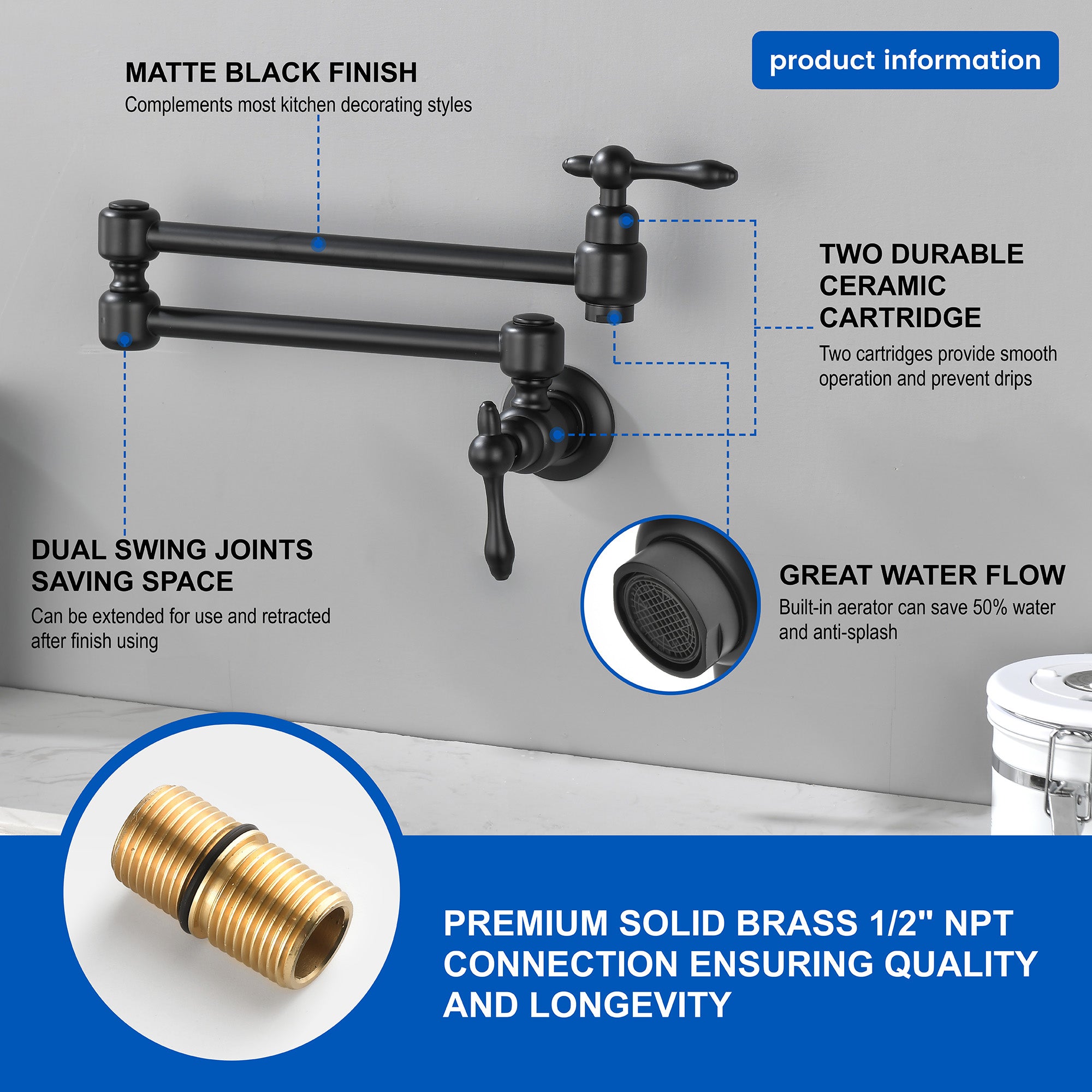 Pot Filler Faucet Wall Mount Brass Faucets Kitchen Commercial Faucet Folding Kitchen Faucet Lead-Free Restaurant Faucets 2 Handles Double Joint Swing Arm Faucet