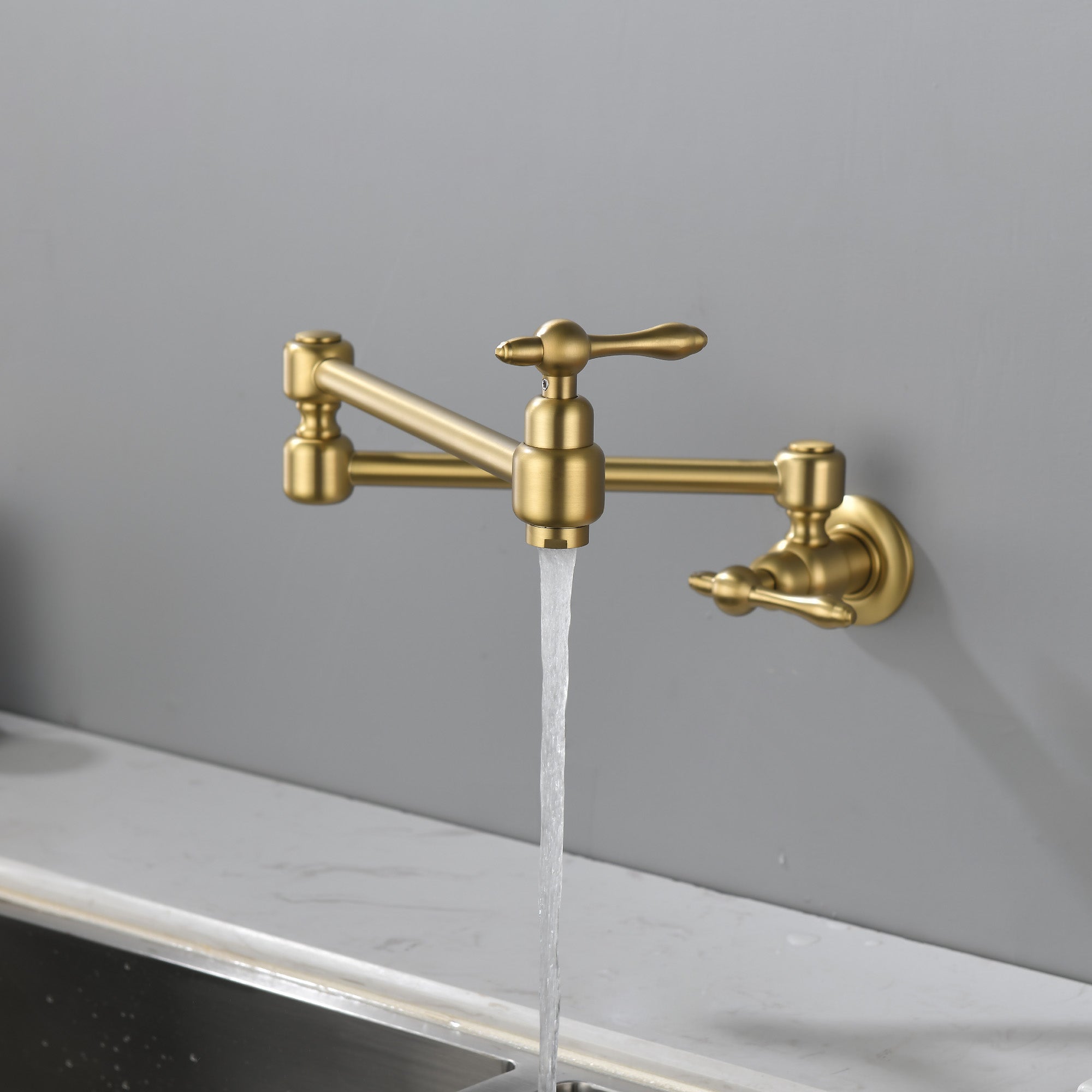 Pot Filler Faucet Wall Mount Brass Faucets Kitchen Commercial Faucet Folding Kitchen Faucet Lead-Free Restaurant Faucets 2 Handles Double Joint Swing Arm Faucet