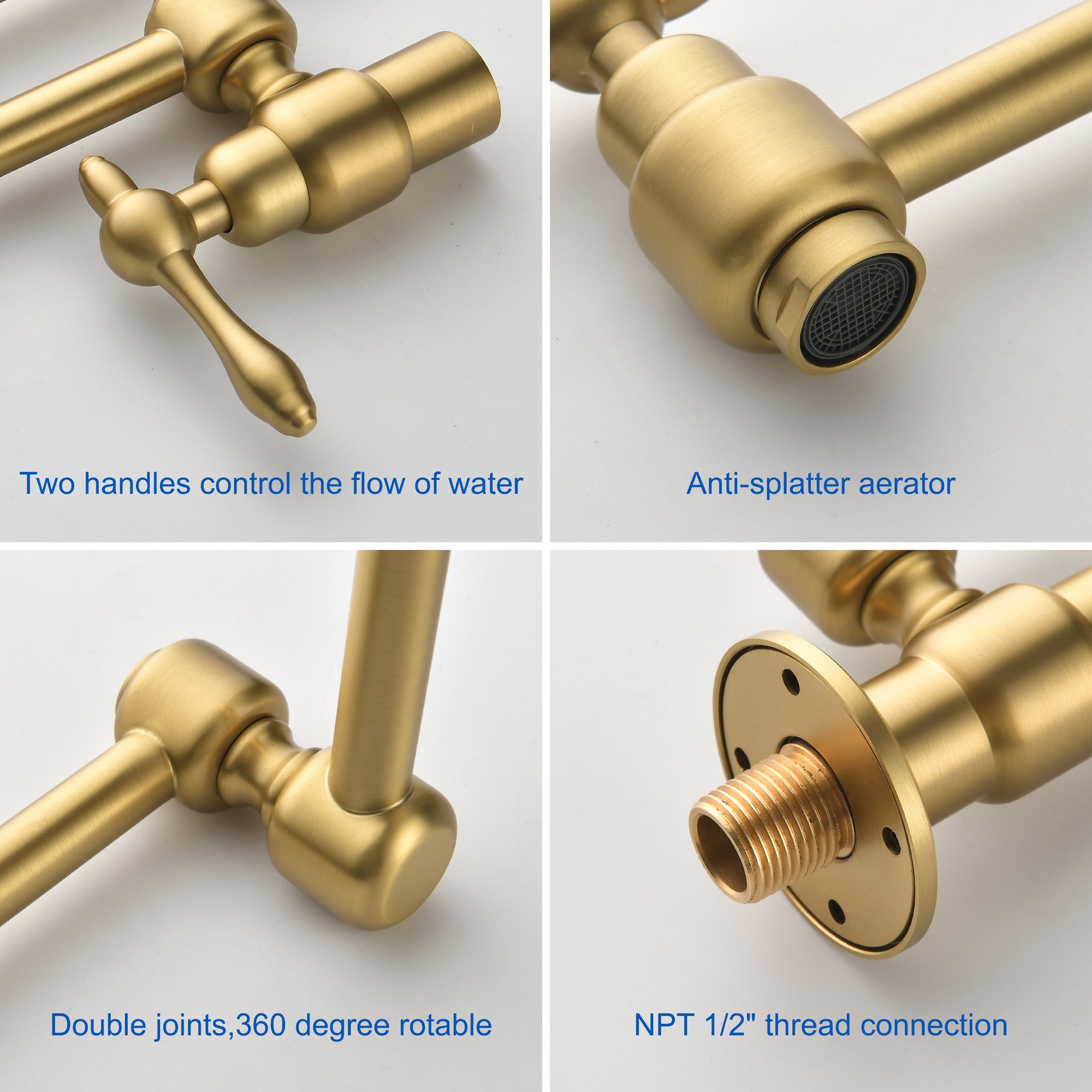 Pot Filler Faucet Wall Mount Brass Faucets Kitchen Commercial Faucet Folding Kitchen Faucet Lead-Free Restaurant Faucets 2 Handles Double Joint Swing Arm Faucet