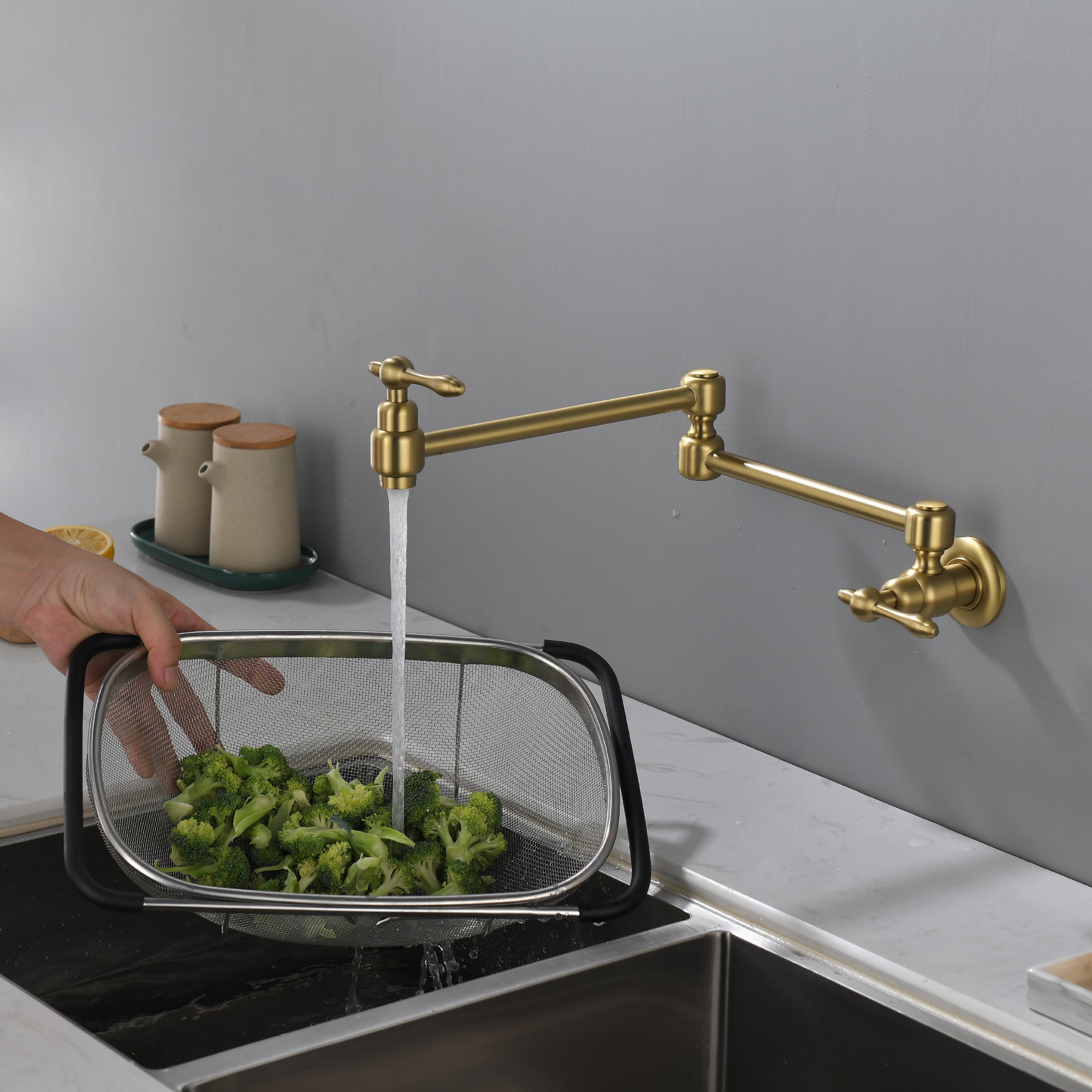 Pot Filler Faucet Wall Mount Brass Faucets Kitchen Commercial Faucet Folding Kitchen Faucet Lead-Free Restaurant Faucets 2 Handles Double Joint Swing Arm Faucet
