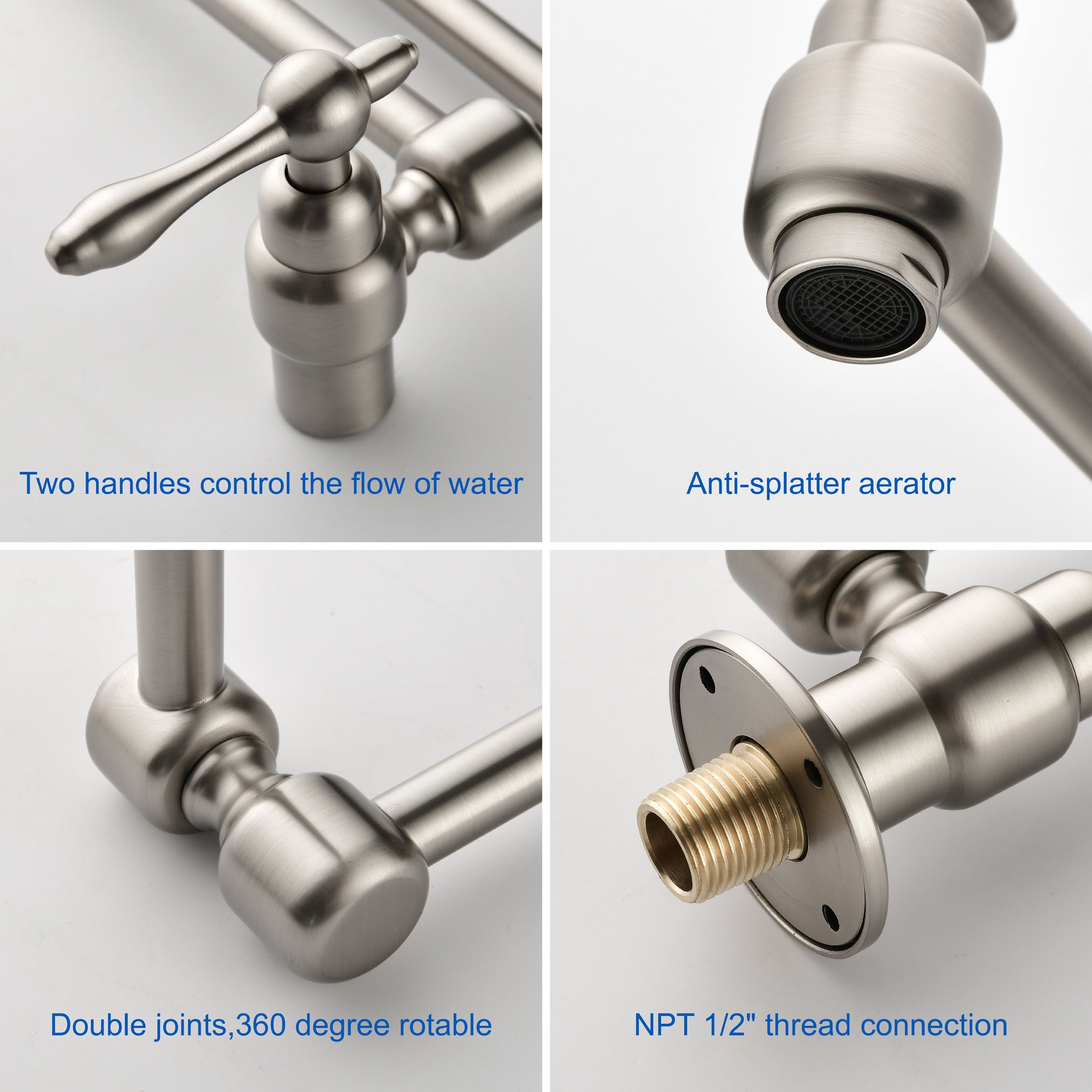 Pot Filler Faucet Wall Mount Brass Faucets Kitchen Commercial Faucet Folding Kitchen Faucet Lead-Free Restaurant Faucets 2 Handles Double Joint Swing Arm Faucet