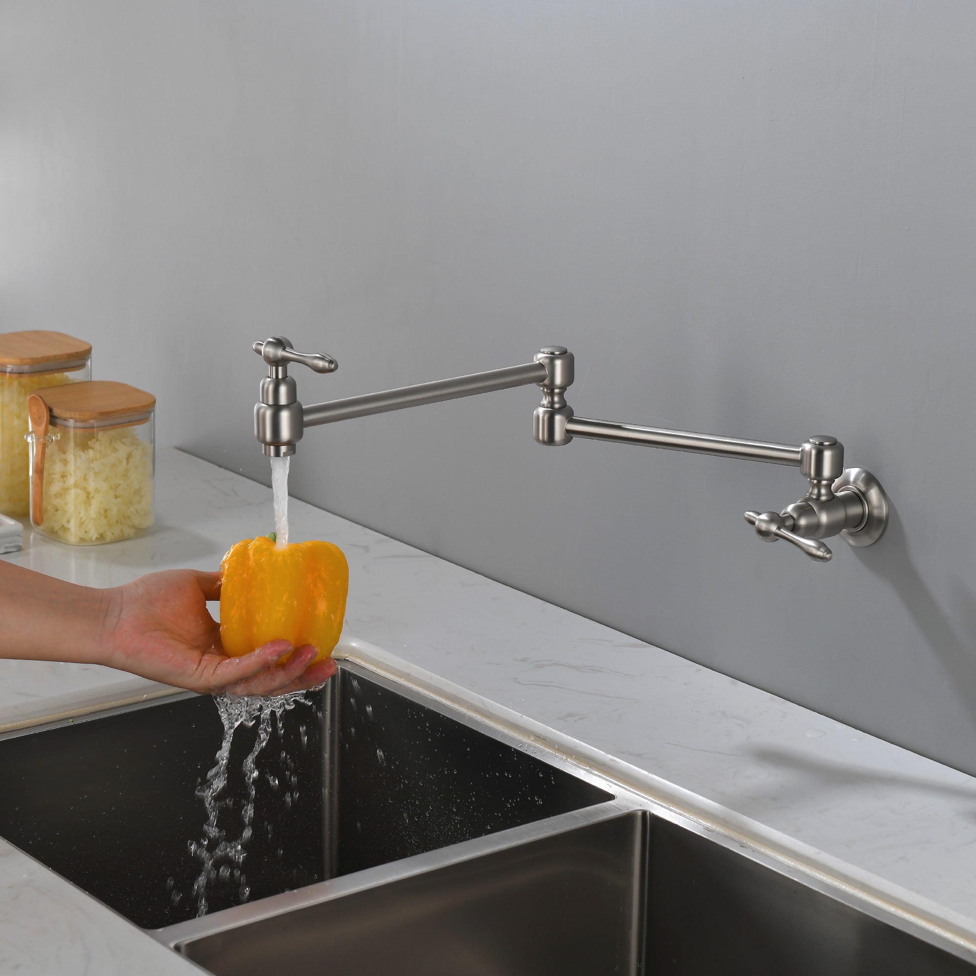 Pot Filler Faucet Wall Mount Brass Faucets Kitchen Commercial Faucet Folding Kitchen Faucet Lead-Free Restaurant Faucets 2 Handles Double Joint Swing Arm Faucet