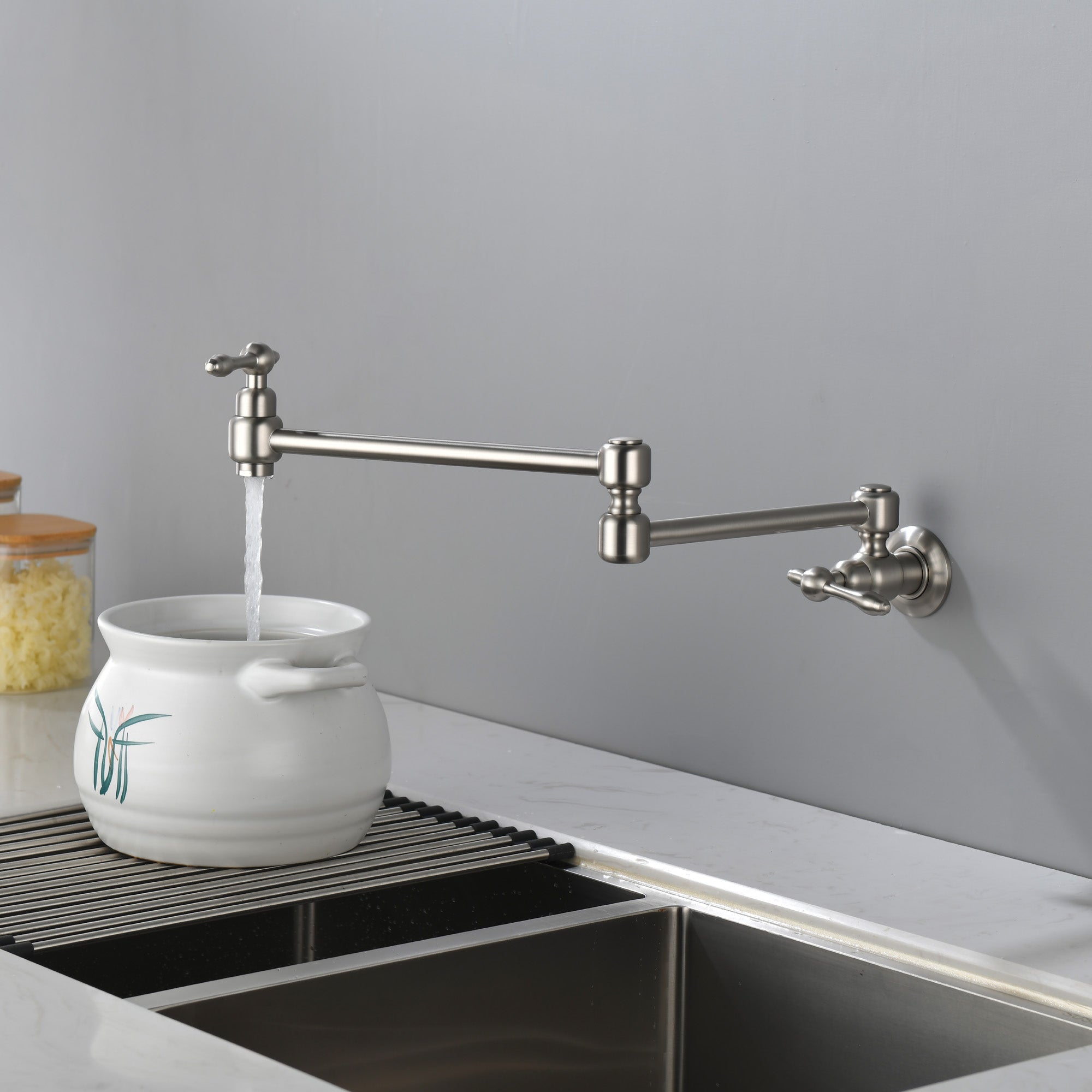 Pot Filler Faucet Wall Mount Brass Faucets Kitchen Commercial Faucet Folding Kitchen Faucet Lead-Free Restaurant Faucets 2 Handles Double Joint Swing Arm Faucet
