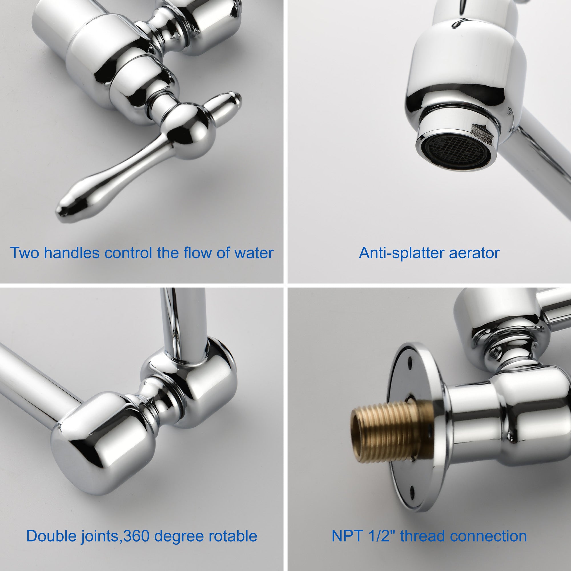 Pot Filler Faucet Wall Mount Brass Faucets Kitchen Commercial Faucet Folding Kitchen Faucet Lead-Free Restaurant Faucets 2 Handles Double Joint Swing Arm Faucet