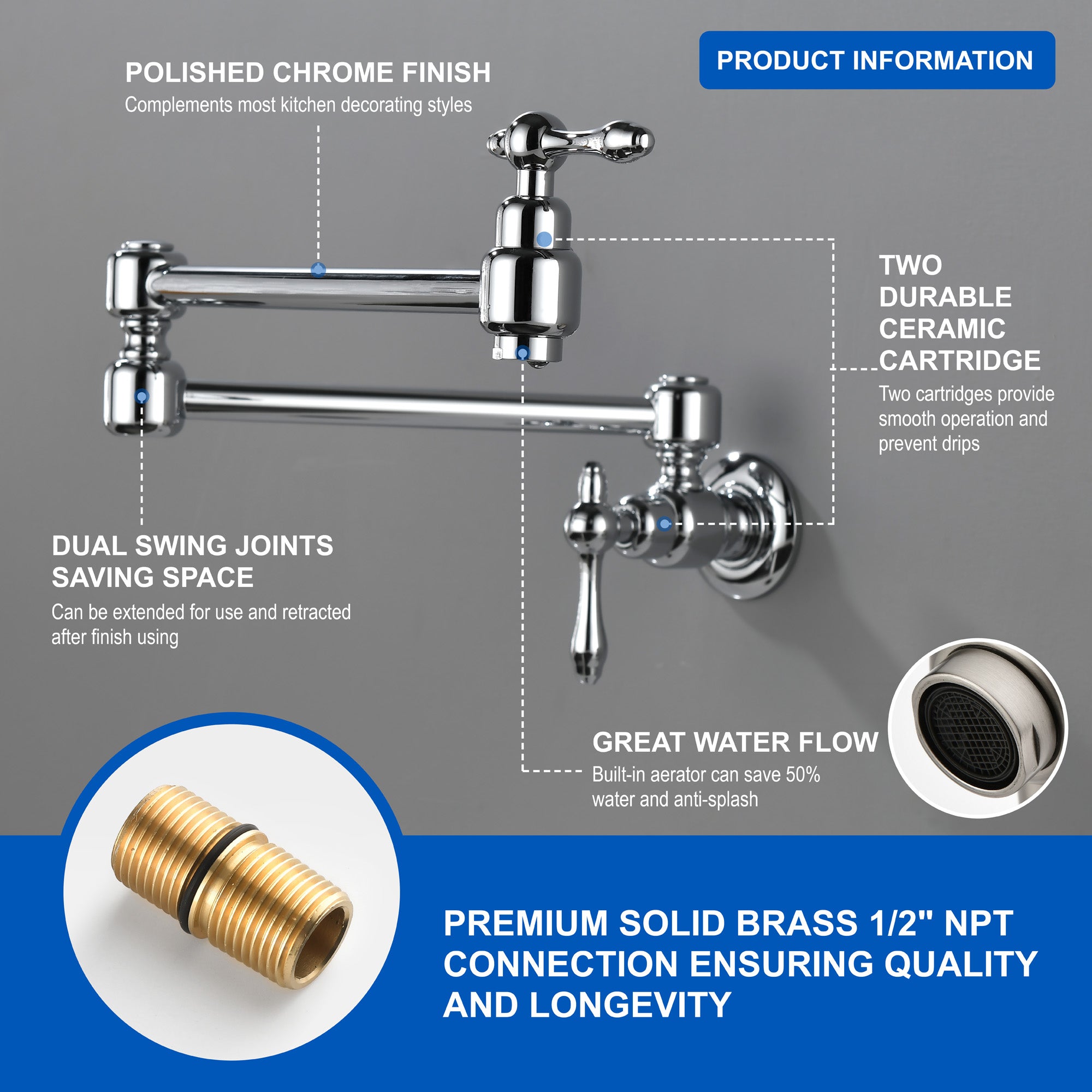 Pot Filler Faucet Wall Mount Brass Faucets Kitchen Commercial Faucet Folding Kitchen Faucet Lead-Free Restaurant Faucets 2 Handles Double Joint Swing Arm Faucet